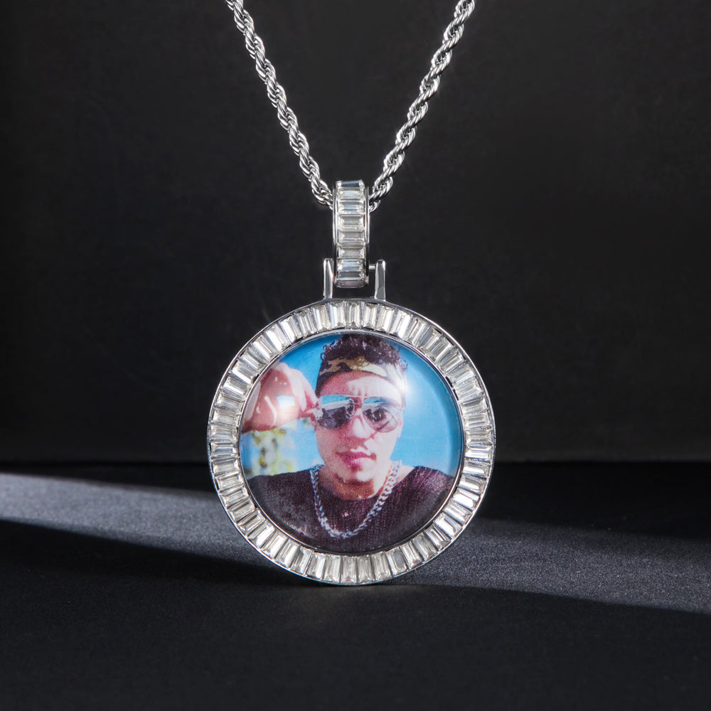 Custom Baguette Stones Round Shape Photo Pendant with CZ Stones