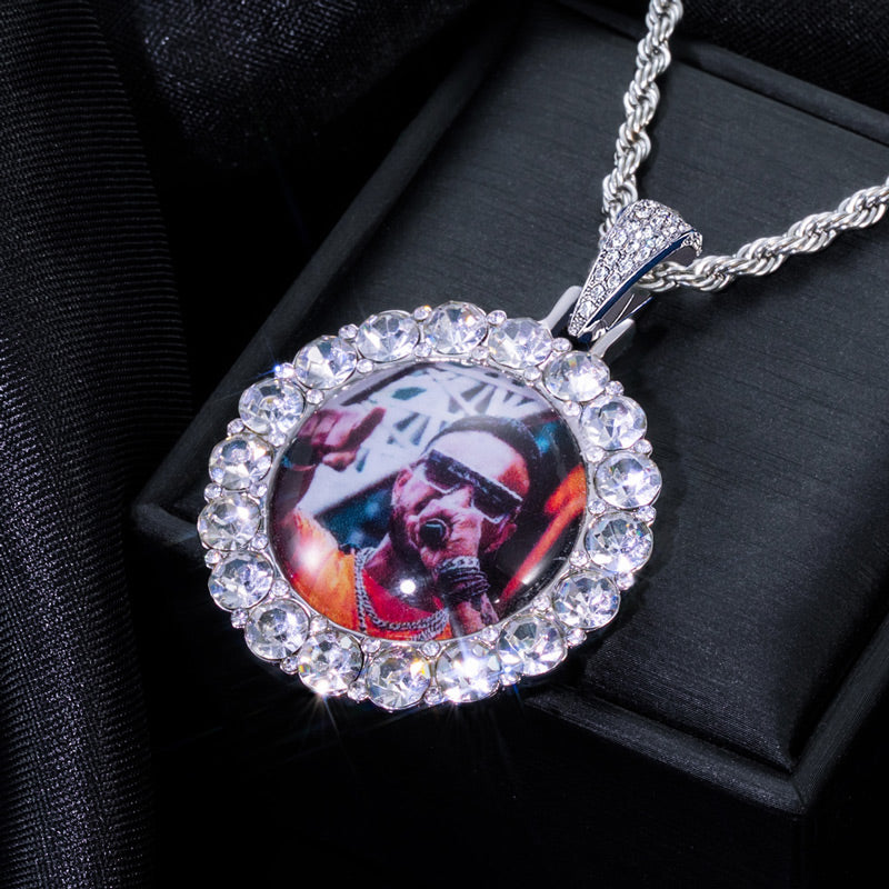 Custom Large Round Stone Photo Pendant with CZ Stones