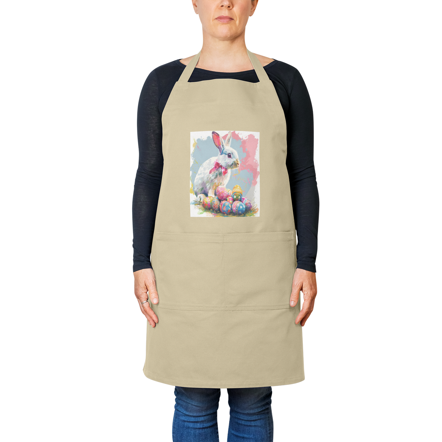 Ears_Up_bunny_with_Pink_Bow_Apron_Khaki_Model_Mockup.png