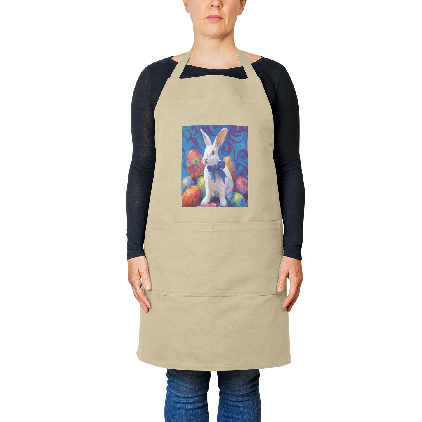 Rabbit_with_Bow_and_Eggs_Apron_Khaki_Model_Mockup.png