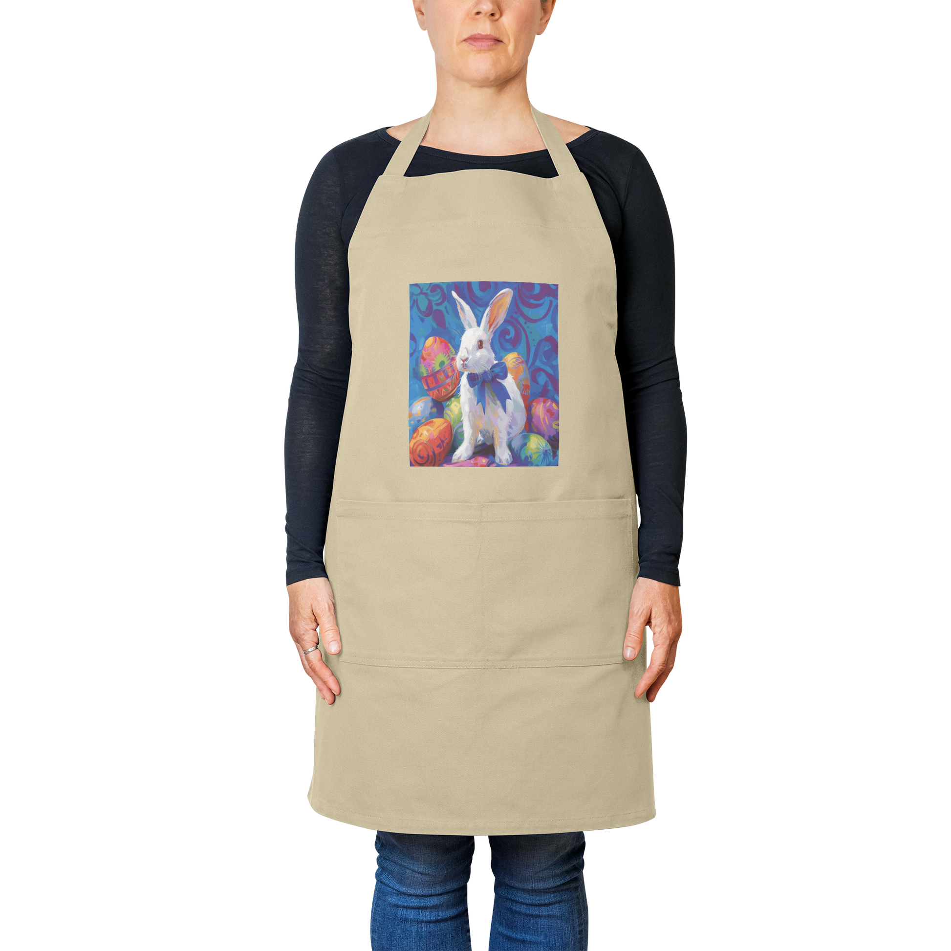 Rabbit_with_Bow_and_Eggs_Apron_Khaki_Model_Mockup.png