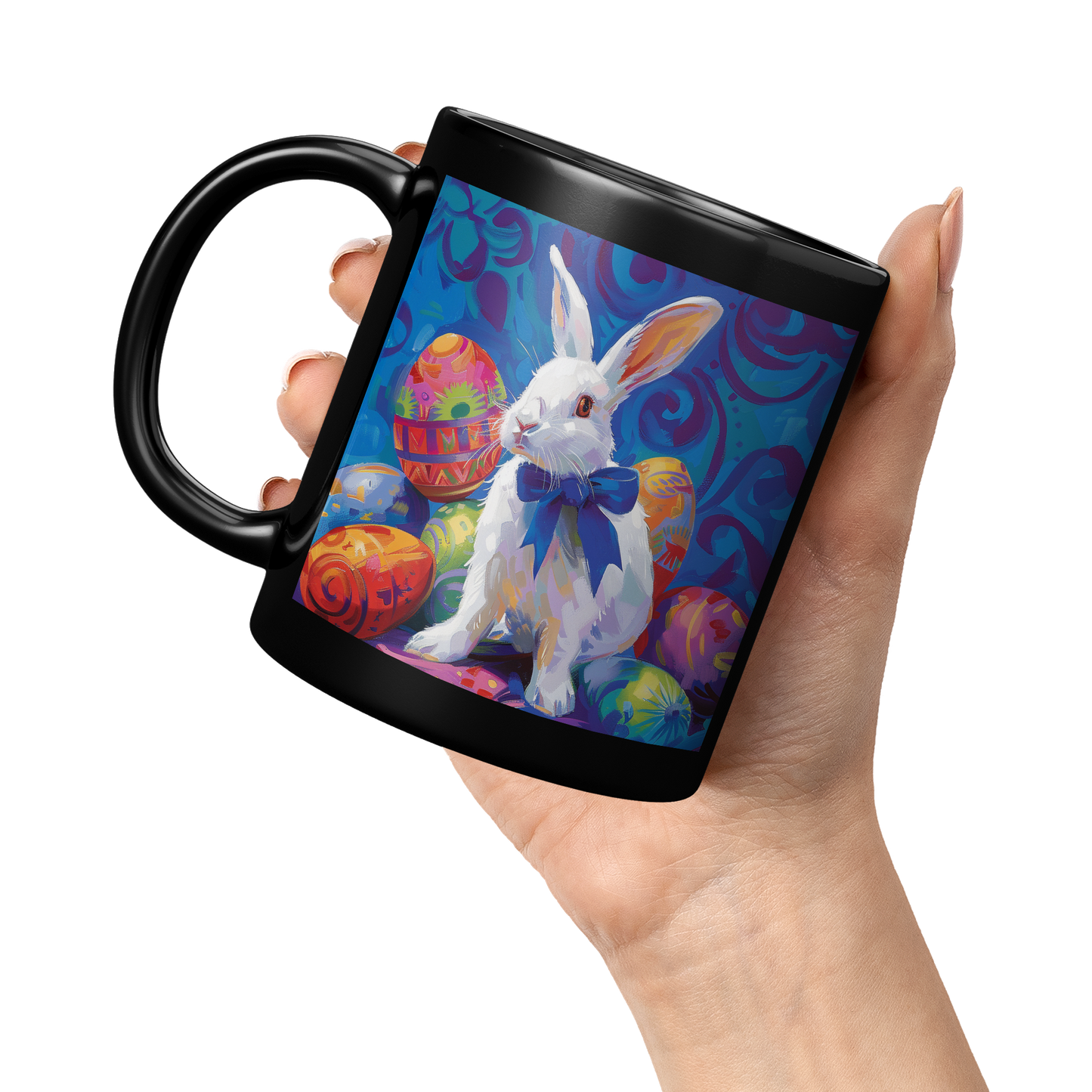 Rabbit_with_Bow_and_Eggs_MugBlack_11oz_Black_LH_Model_Mockup.png