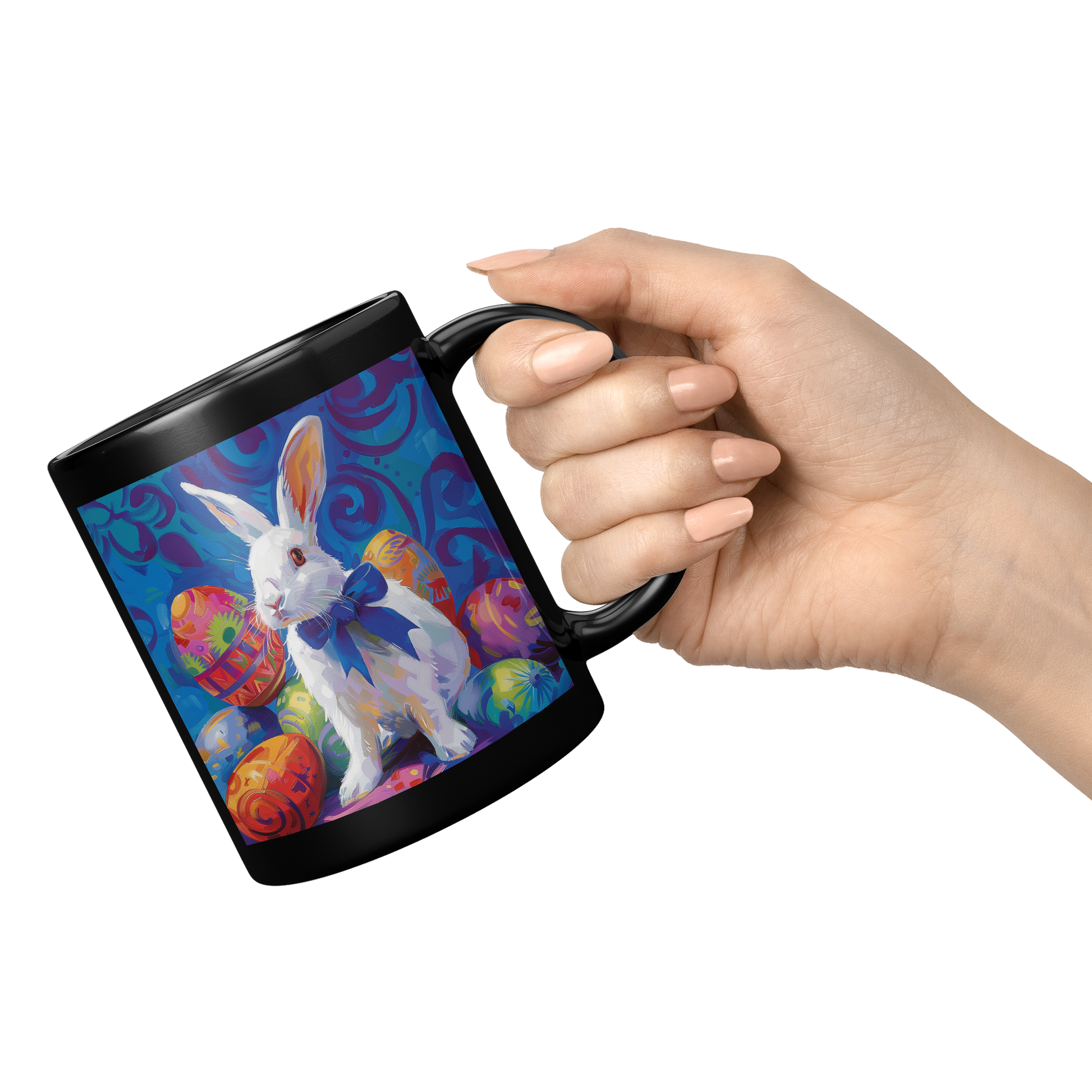 Rabbit_with_Bow_and_Eggs_MugBlack_11oz_Black_RH_Model_Mockup.png