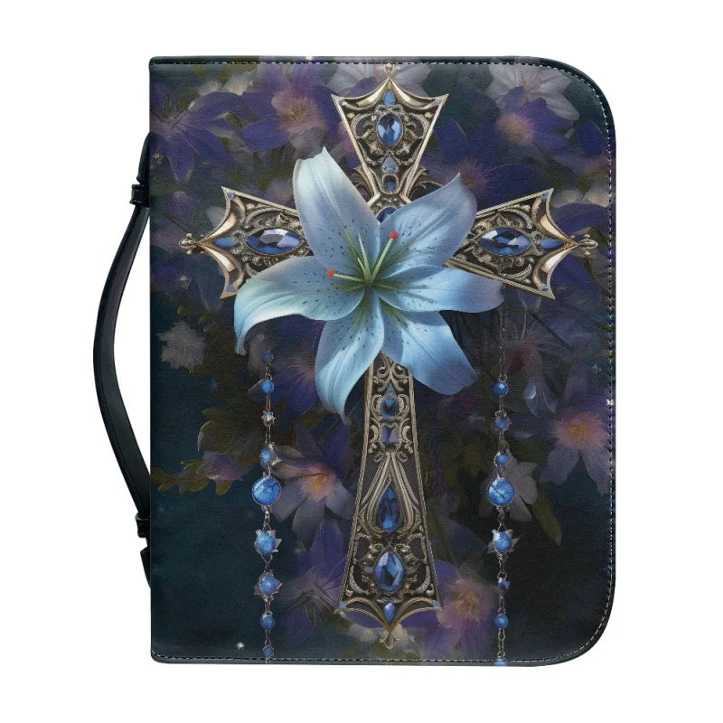 Blue Flower Cross Bible Cover Case for Women