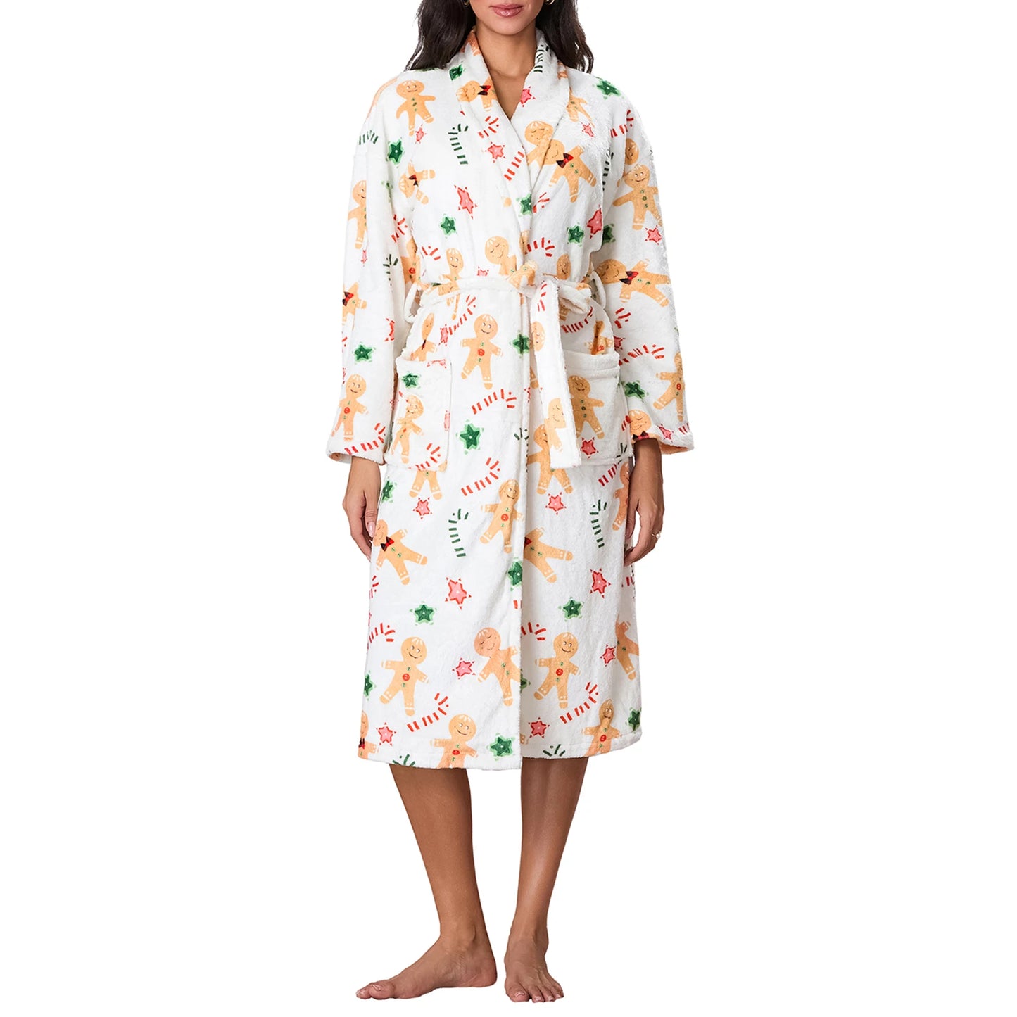 Women s Fleece Christmas V Neck Long Sleeve Kimono Robe with Belt Pockets Warm Pajamas