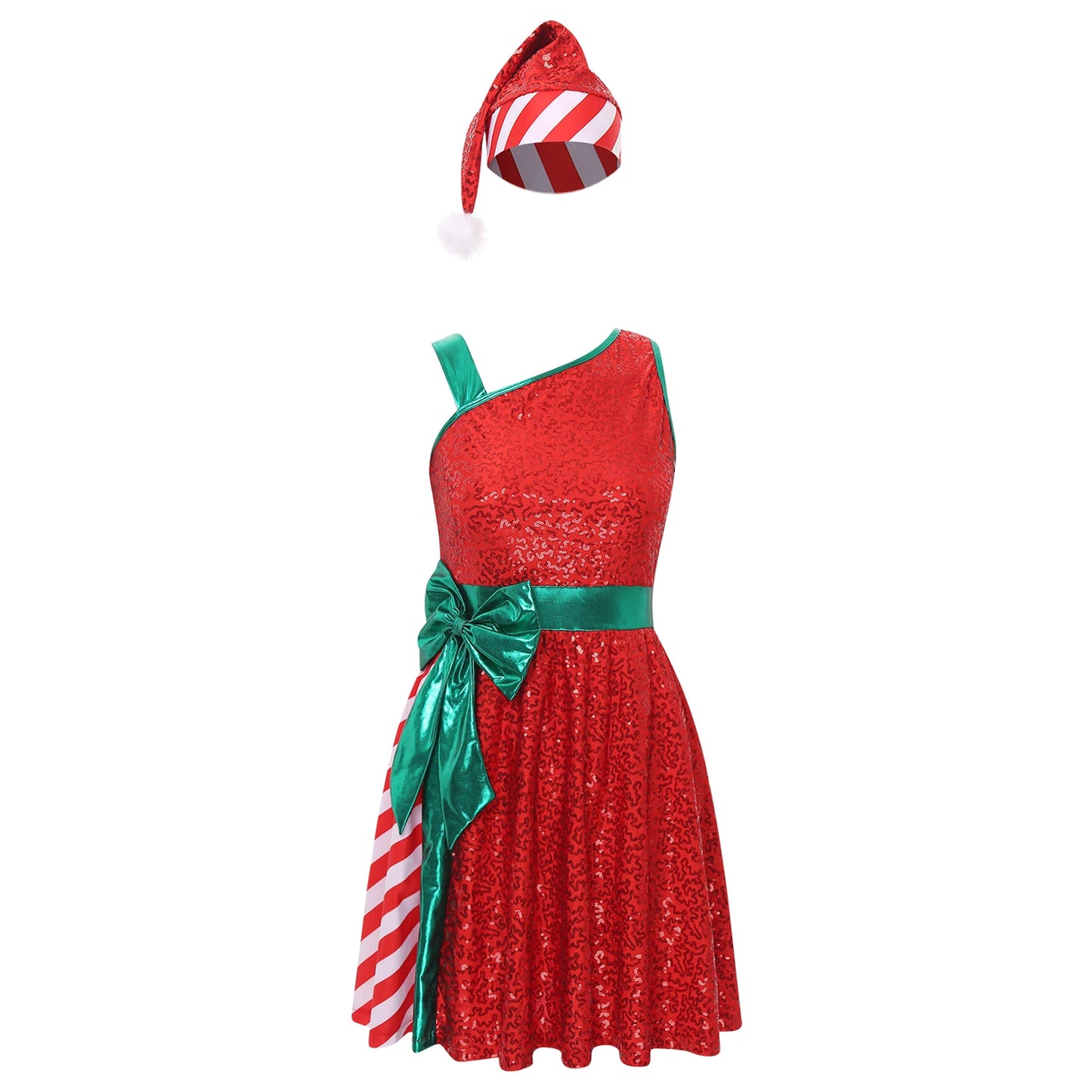 Sleeveless Sequin Stripes Bow Dress with Santa Hat