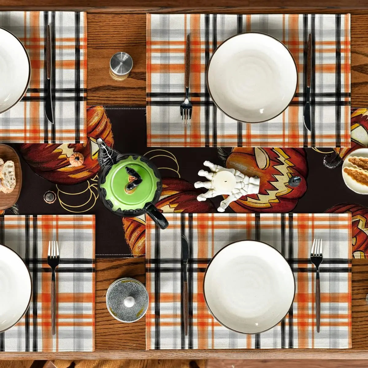 Orange Black Buffalo Plaid Fall Placemats Set of 4 12x18 Inch Halloween Seasonal