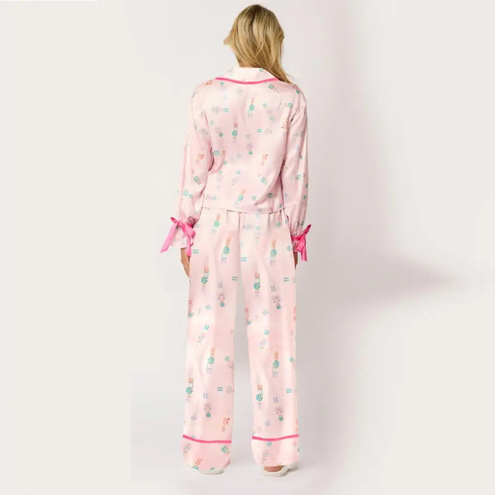 Festive Christmas Print Pajamas Set with Satin Cardigan Top Wide Leg Pants