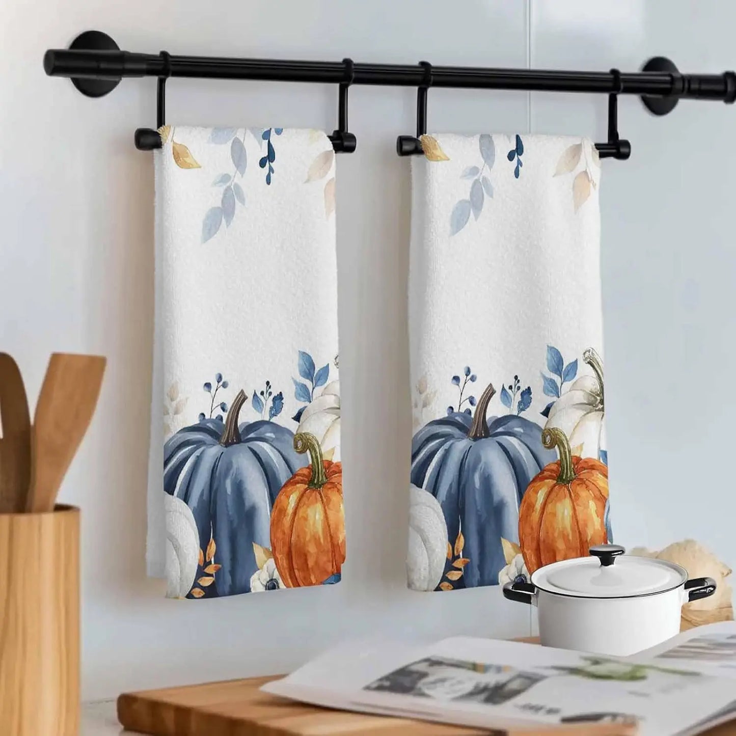 Fall Thanksgiving Eucalyptus Leaf Kitchen Towels