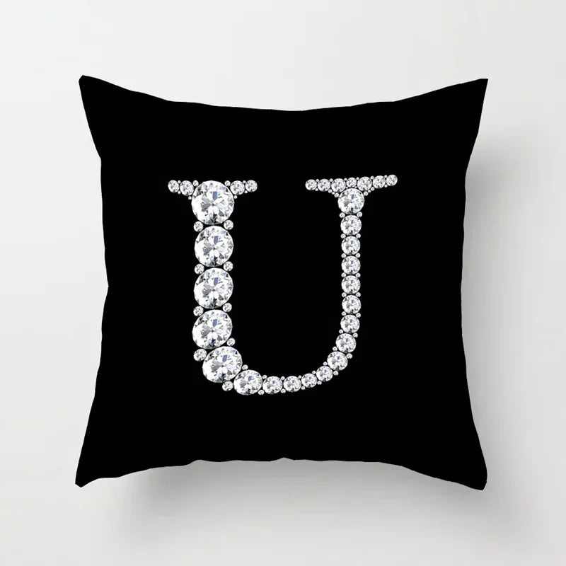 Crystal Diamond Printed Alphabet 18x18 Polyester Cushion Pillow Cover