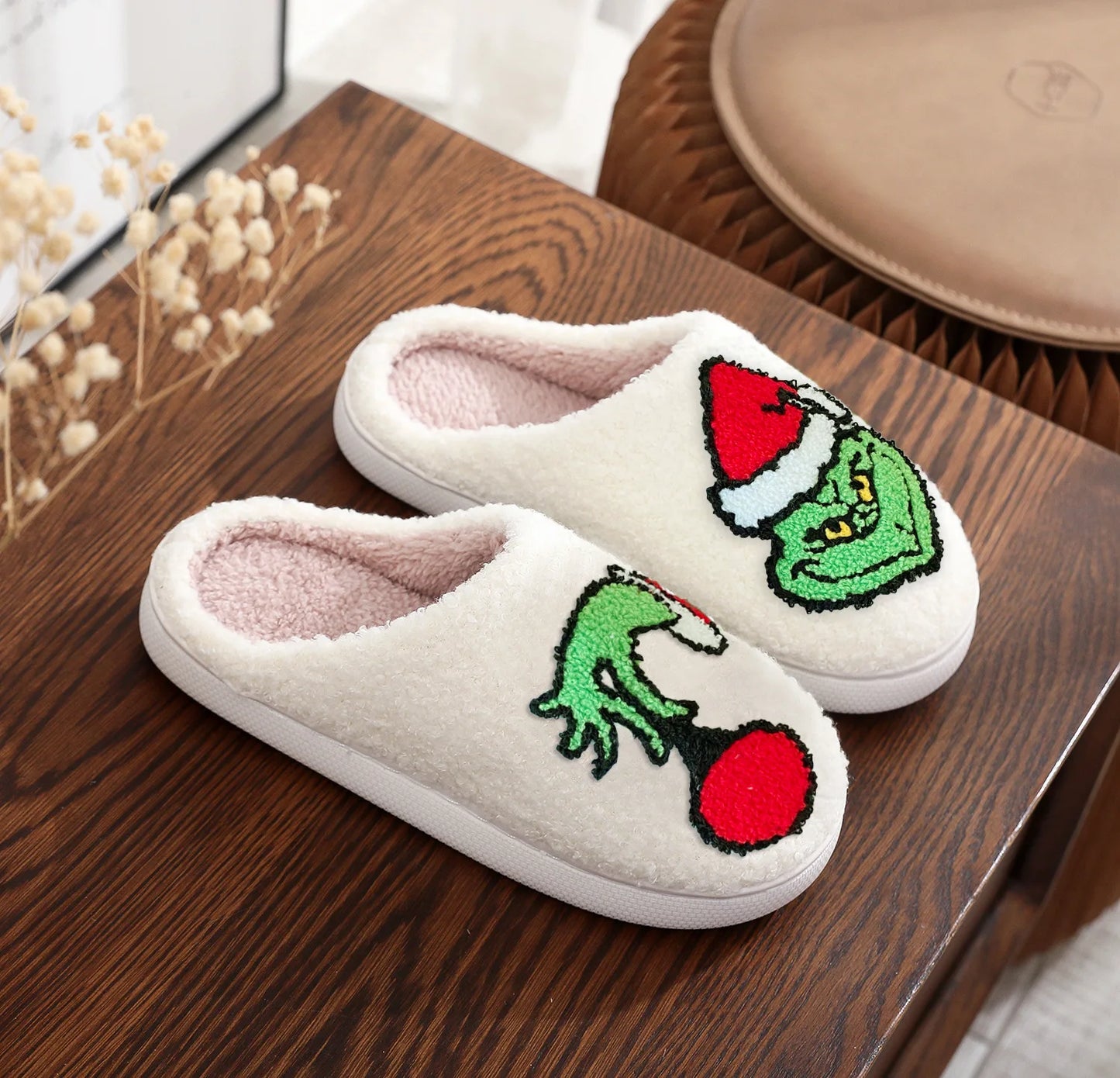 Christmas Grinch Cotton Slippers Men Women Home Woolen Slippers Comfortable Plush Lined Slip on Shoes Women's Warm Winter Shoes