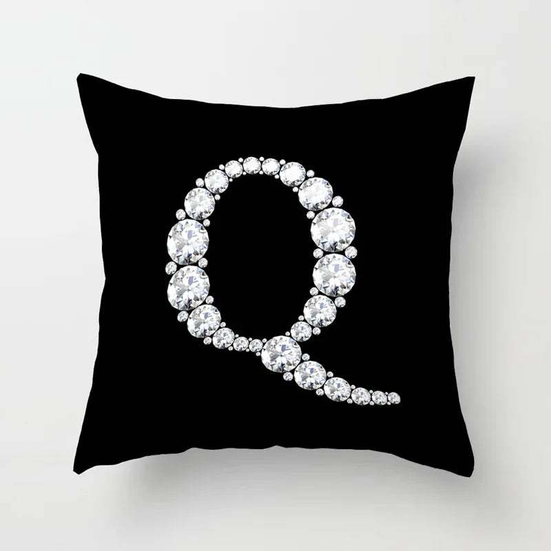 Crystal Diamond Printed Alphabet 18x18 Polyester Cushion Pillow Cover