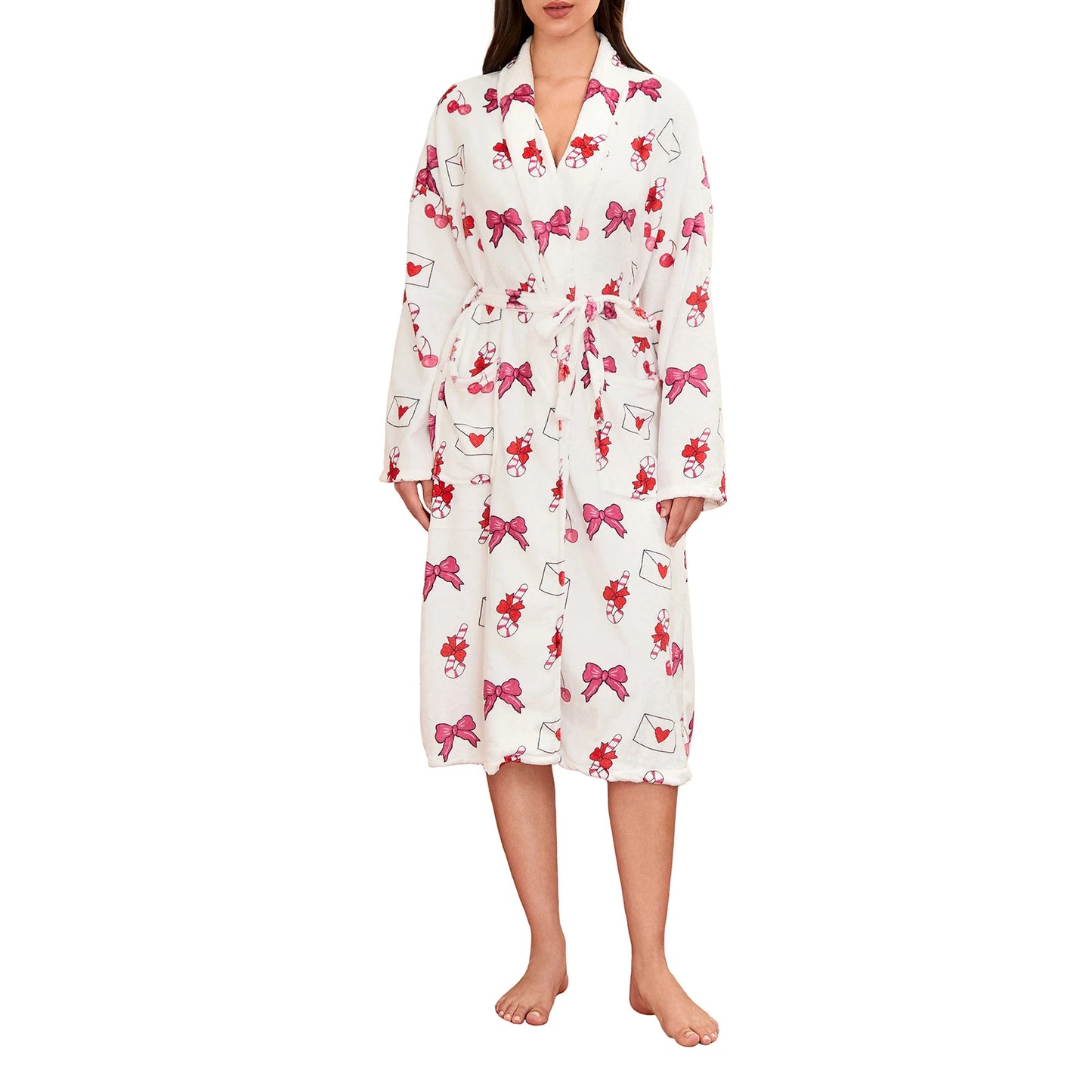 Women s Fleece Christmas V Neck Long Sleeve Kimono Robe with Belt Pockets Warm Pajamas