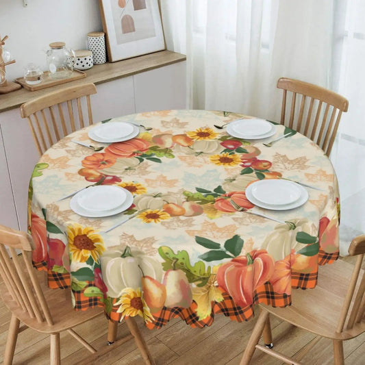Fall Autumn Pumpkin and Leaf Harvest Round Tablecloth