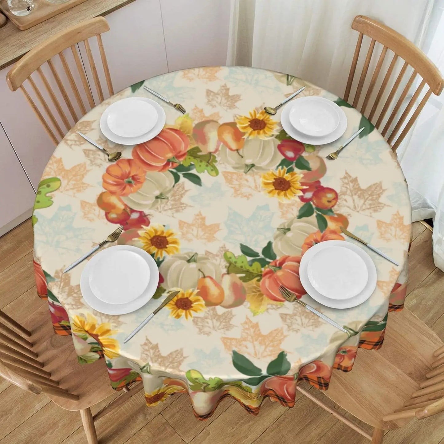 Fall Autumn Pumpkin and Leaf Harvest Round Tablecloth