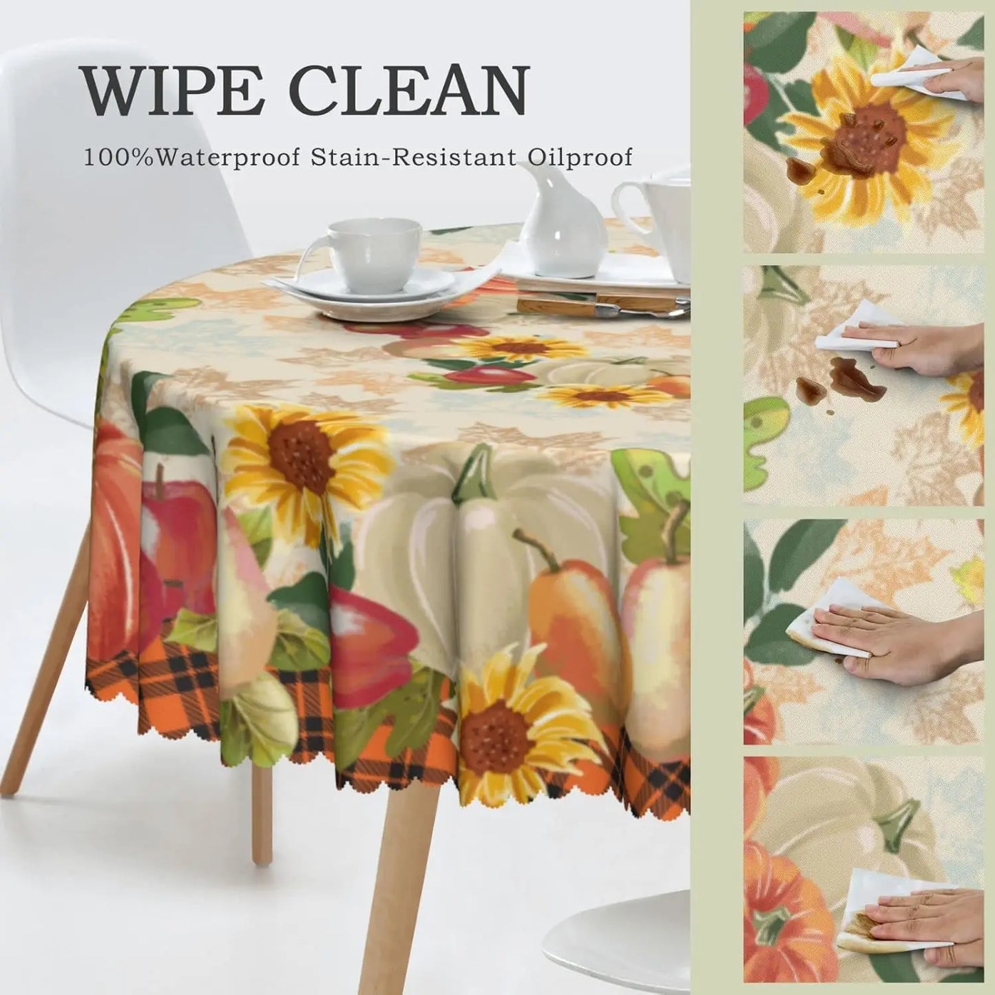 Fall Autumn Pumpkin and Leaf Harvest Round Tablecloth