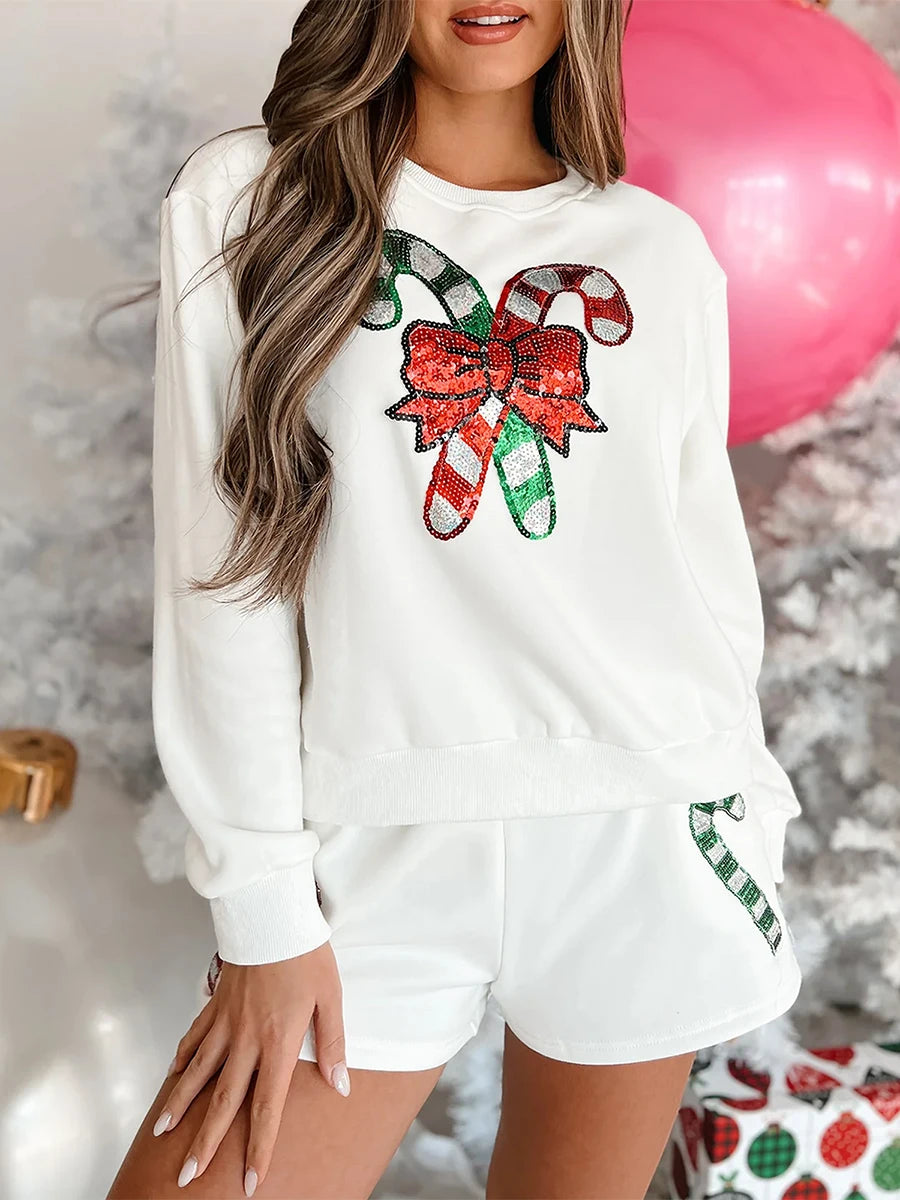 2 Piece Christmas Outfits Long Sleeve Sequin Bow Pattern Sweatshirt Shorts Set Lounge Clothes
