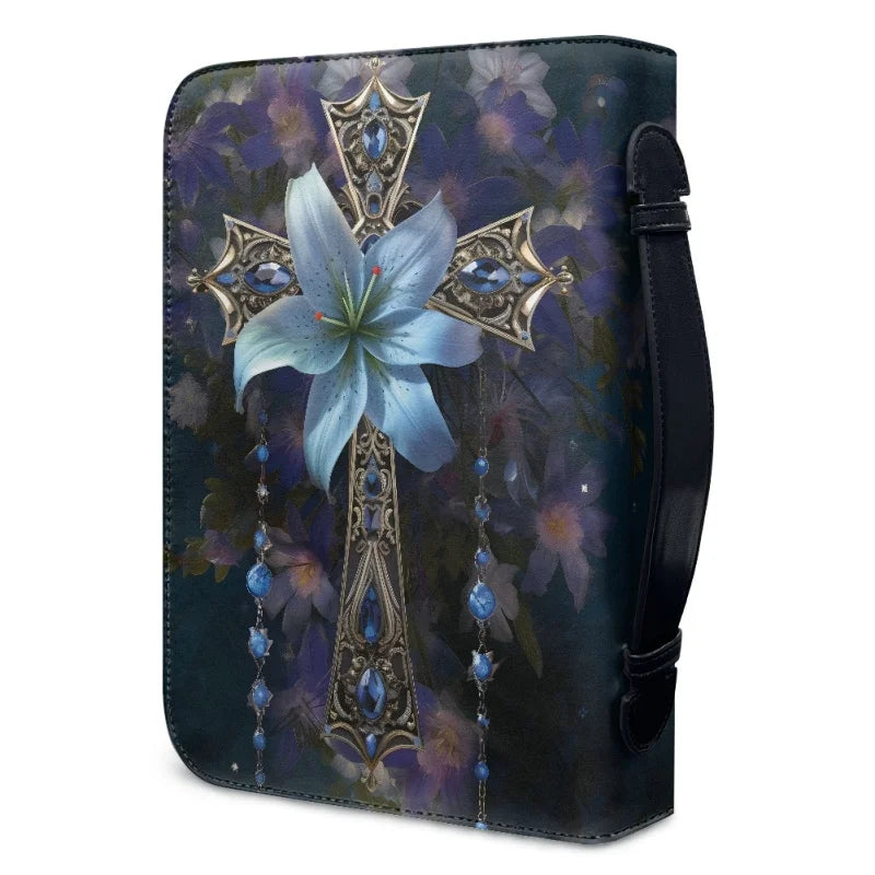 Blue Flower Cross Bible Cover Case for Women