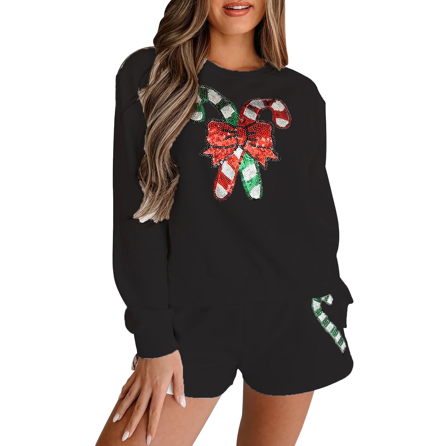 2 Piece Christmas Outfits Long Sleeve Sequin Bow Pattern Sweatshirt Shorts Set Lounge Clothes