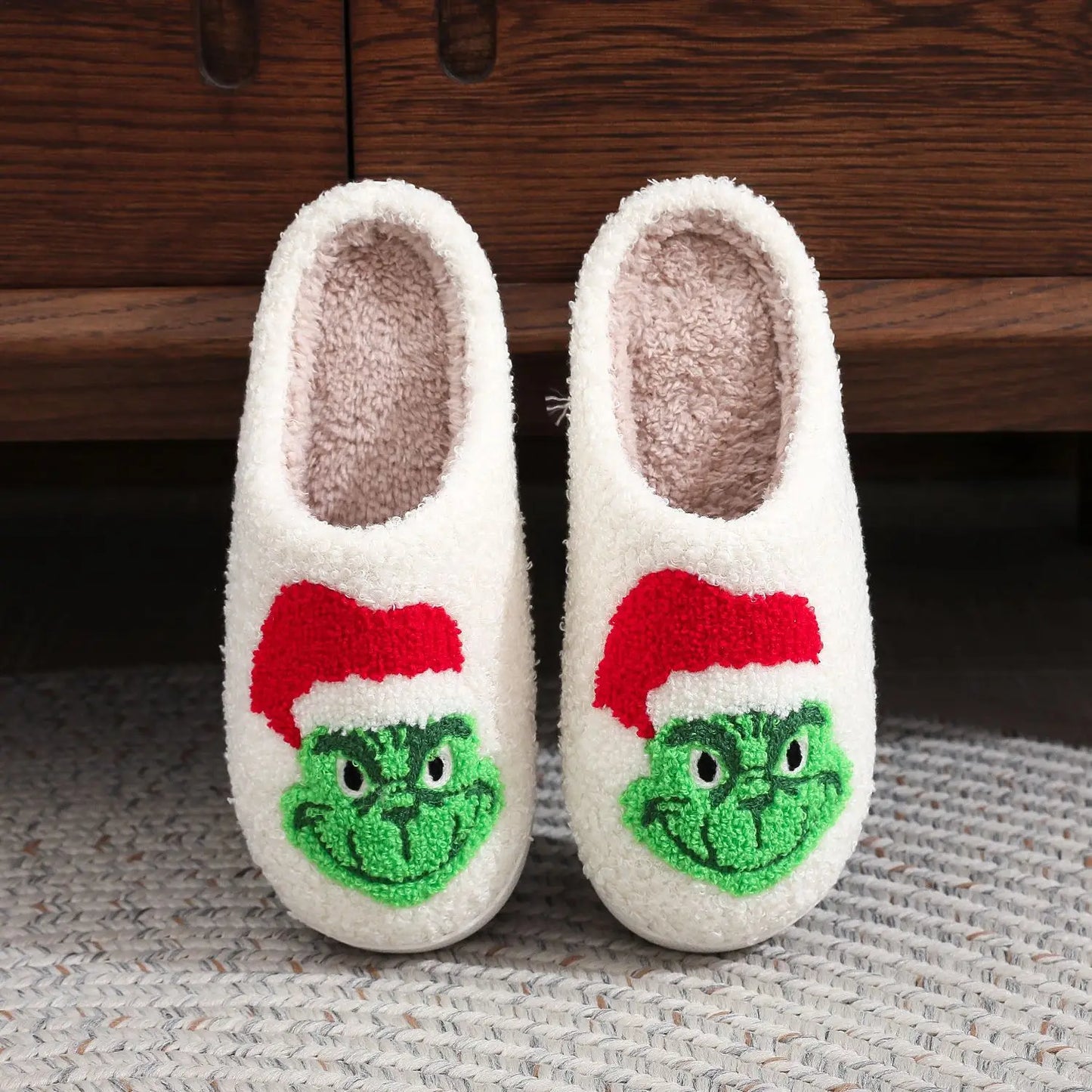 Christmas Grinch Cotton Slippers Men Women Home Woolen Slippers Comfortable Plush Lined Slip on Shoes Women's Warm Winter Shoes