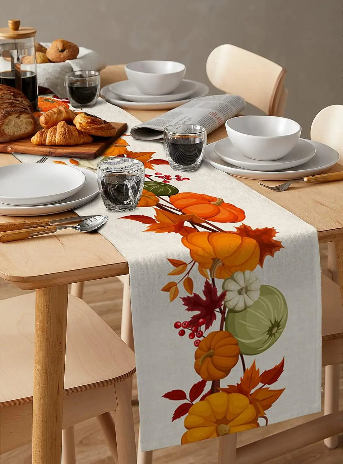Autumn Maple Leaves Pumpkin Linen Table Runner