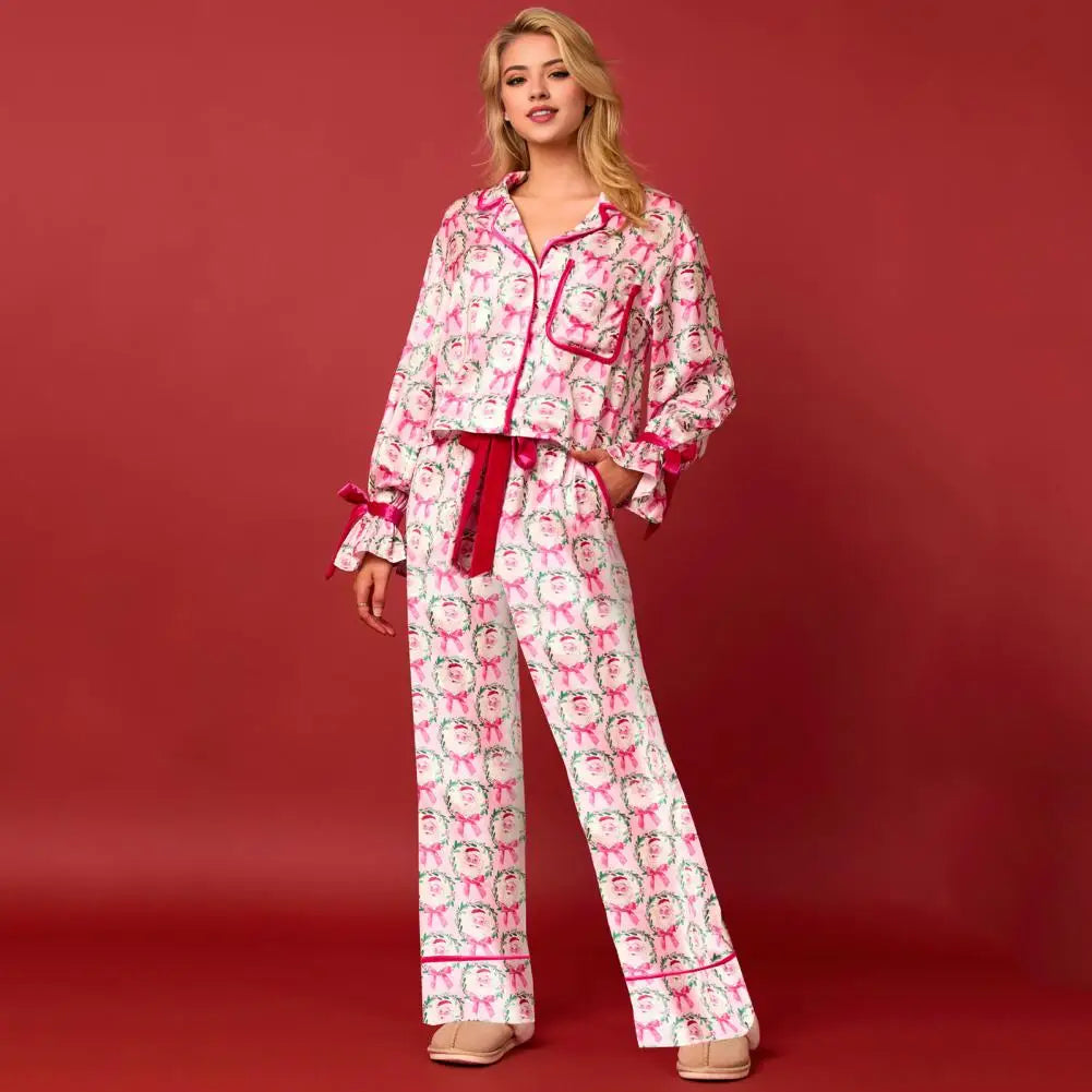 Festive Christmas Print Pajamas Set with Satin Cardigan Top Wide Leg Pants