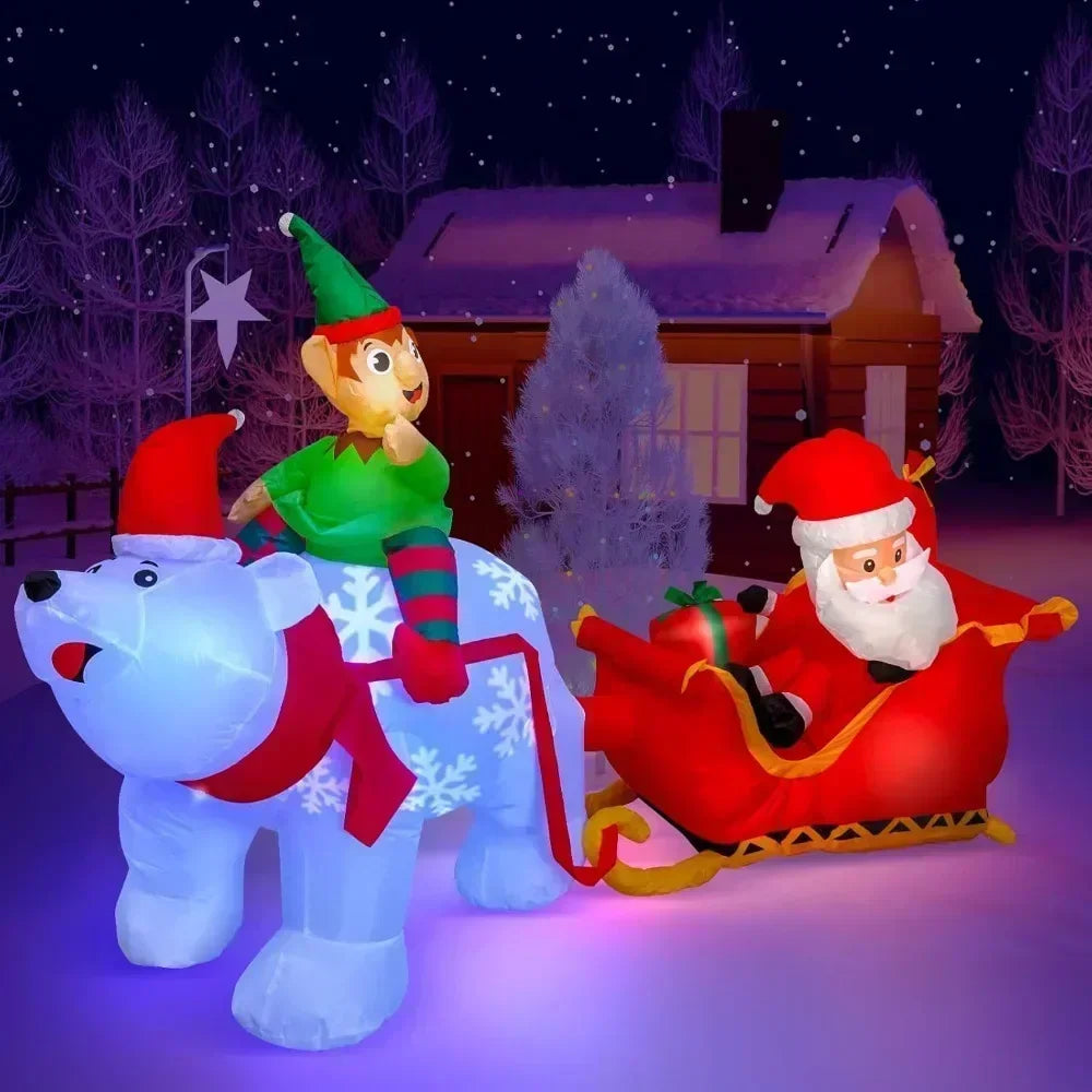 9.5-Foot Inflatable Polar Bear with Elf Pulling Santa’s Sleigh