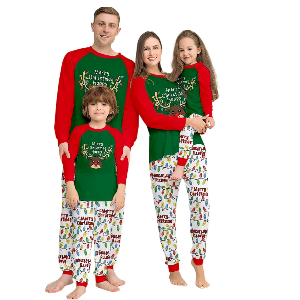 "Merry Christmas" Deer & Lights Matching Family Pajama Sets