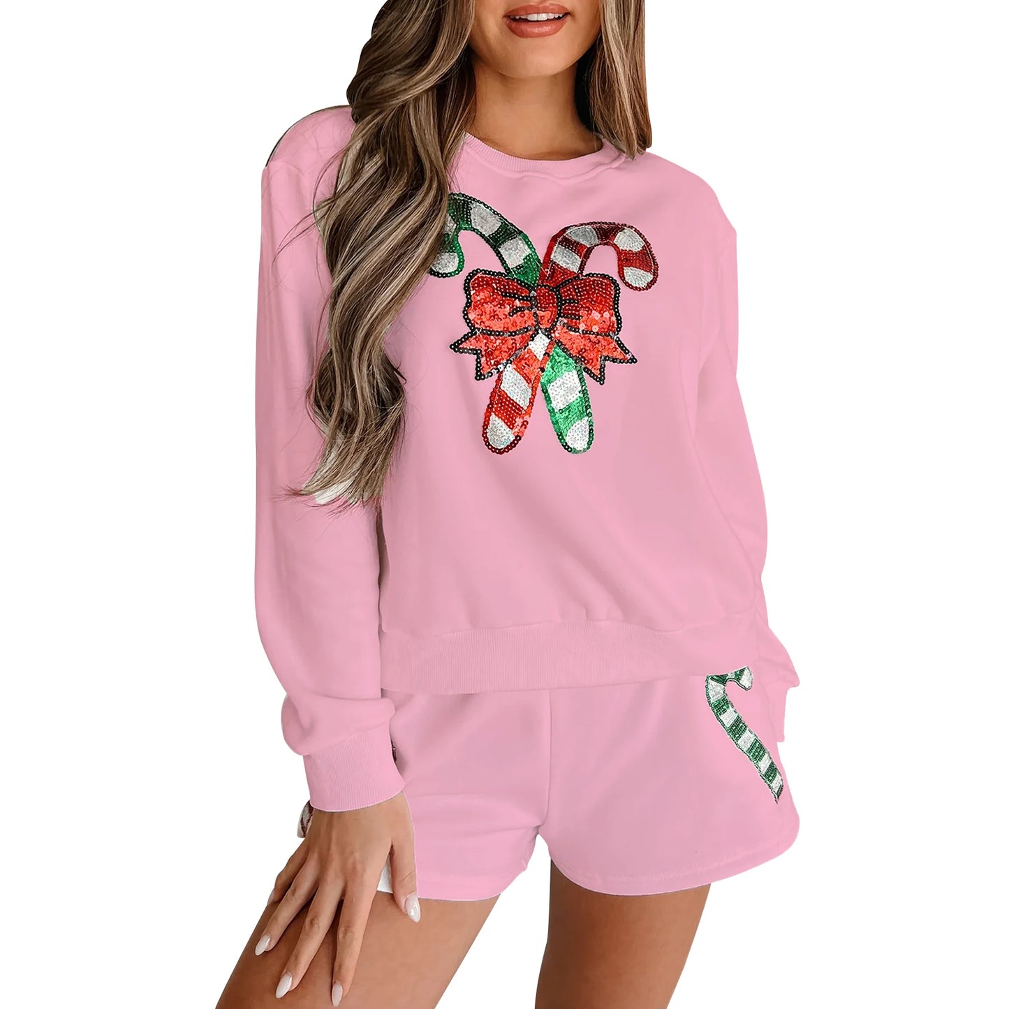 2 Piece Christmas Outfits Long Sleeve Sequin Bow Pattern Sweatshirt Shorts Set Lounge Clothes