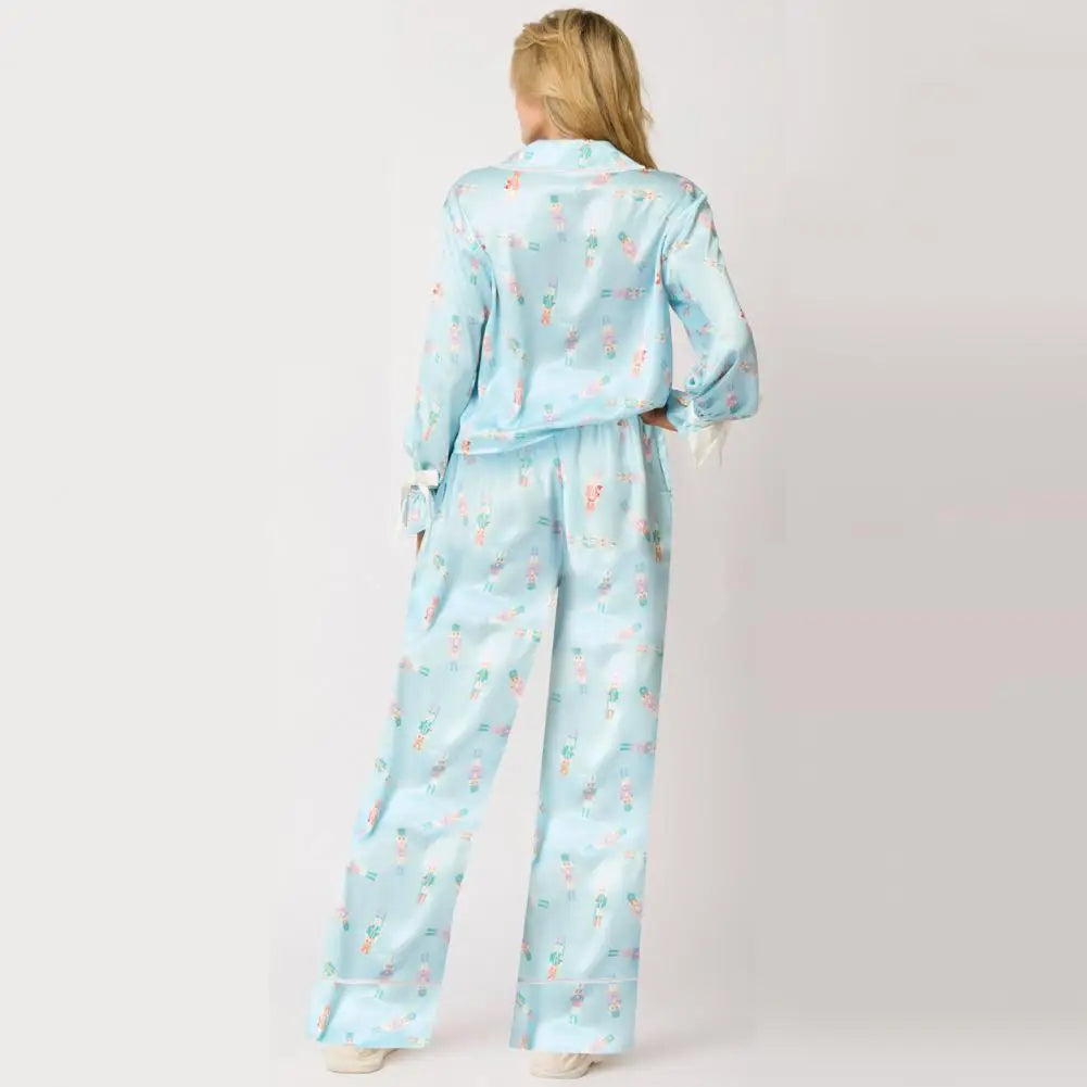 Festive Christmas Print Pajamas Set with Satin Cardigan Top Wide Leg Pants