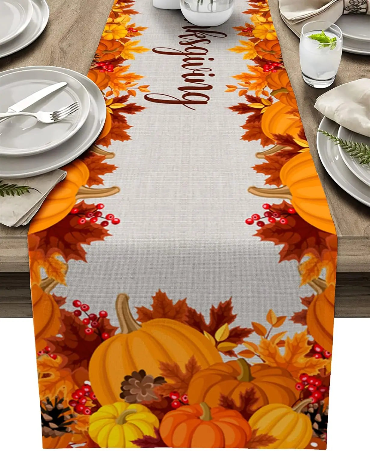 Autumn Maple Leaves Pumpkin Linen Table Runner