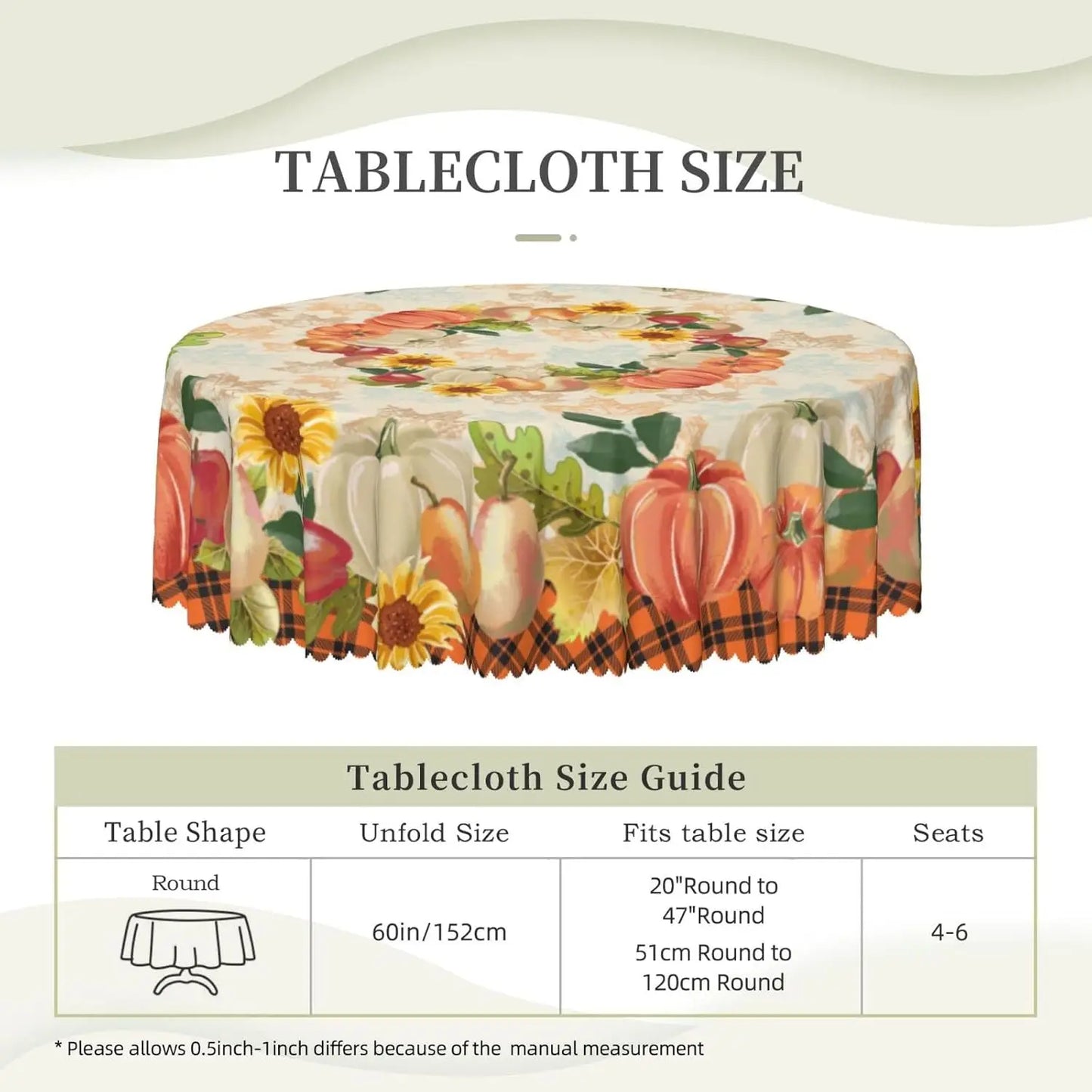 Fall Autumn Pumpkin and Leaf Harvest Round Tablecloth