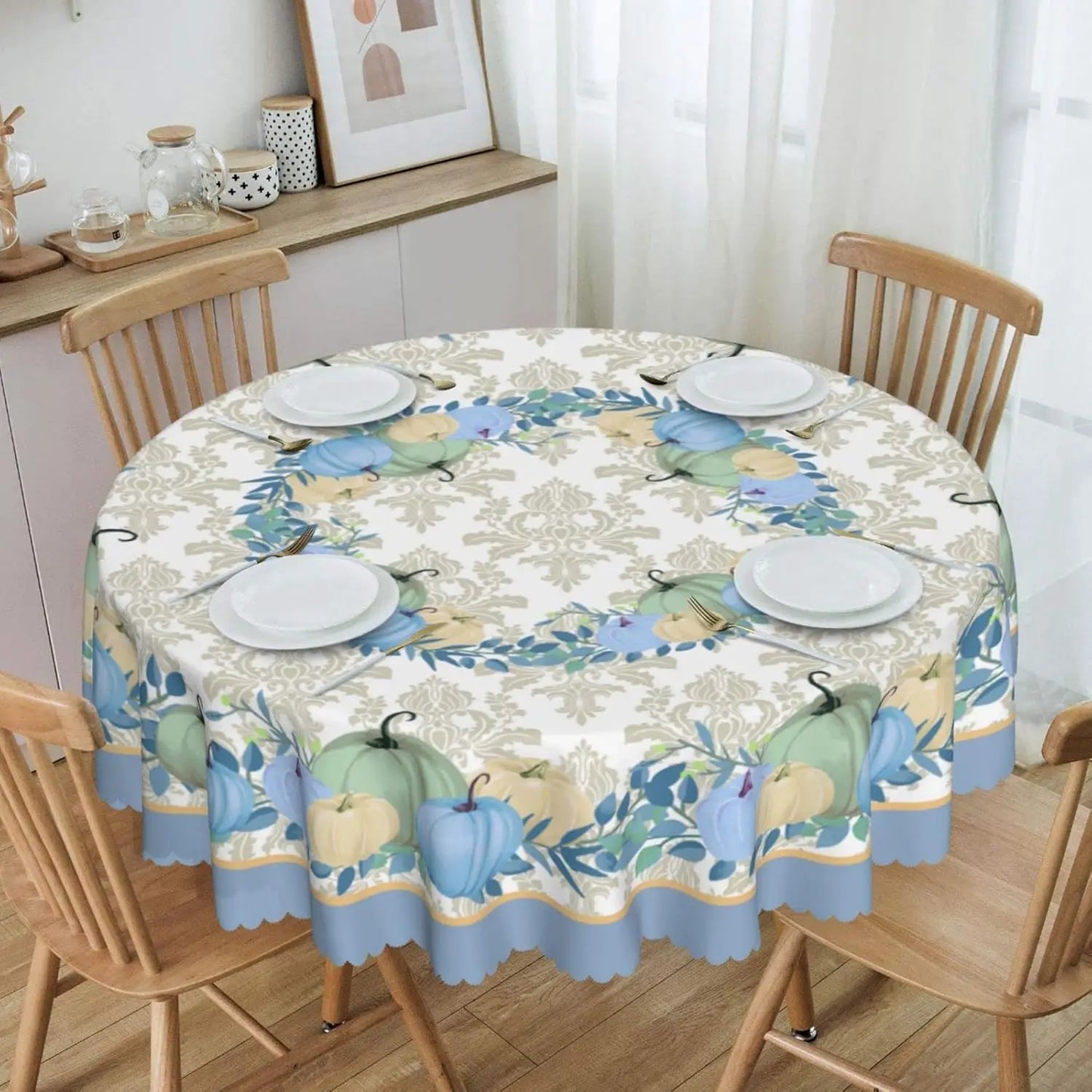 Fall Autumn Pumpkin and Leaf Harvest Round Tablecloth