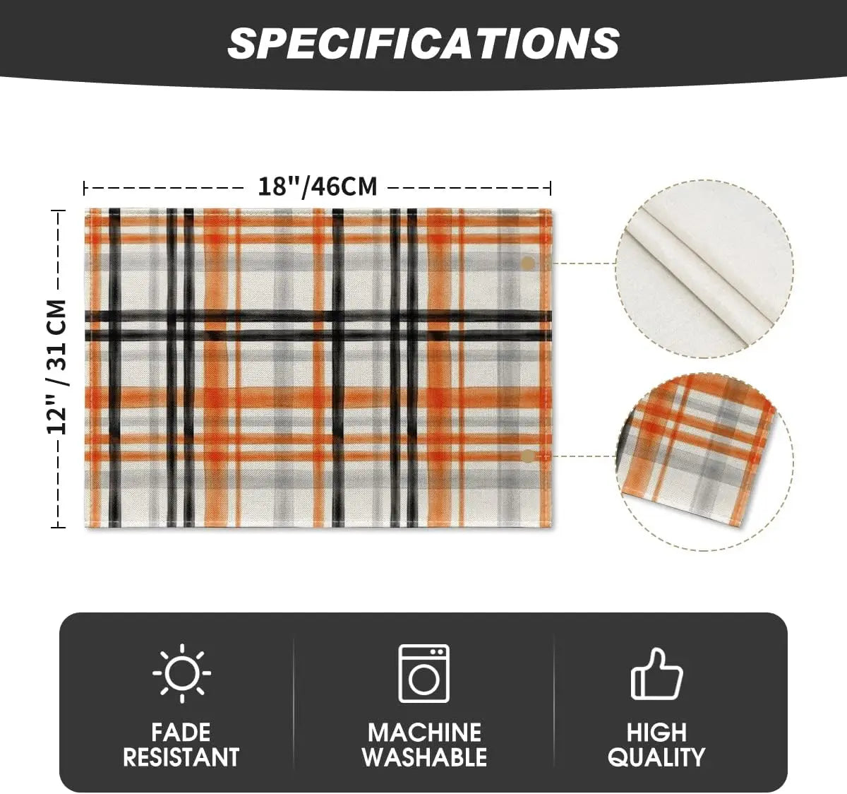 Orange Black Buffalo Plaid Fall Placemats Set of 4 12x18 Inch Halloween Seasonal