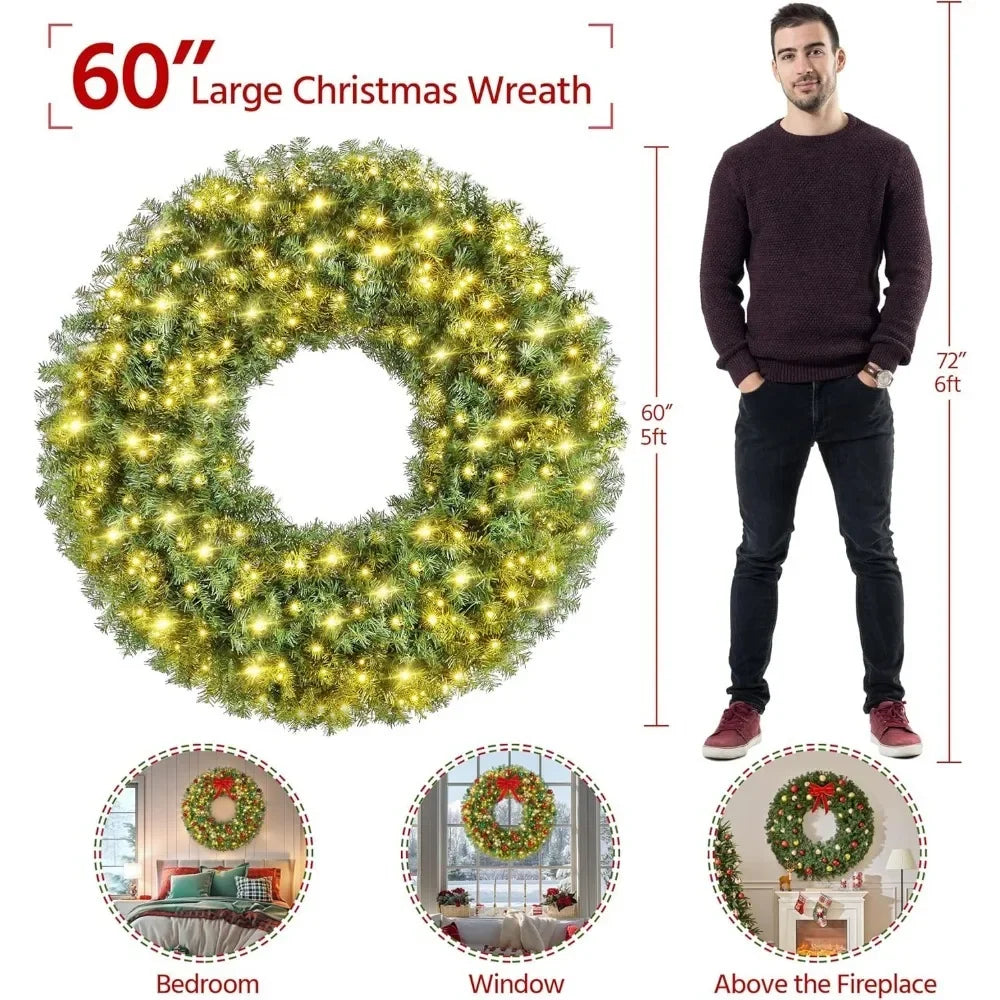 Artificial Christmas Wreath with 300 LED Lights (30, 48 or 60 Inches)