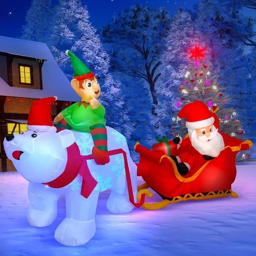 9.5-Foot Inflatable Polar Bear with Elf Pulling Santa’s Sleigh