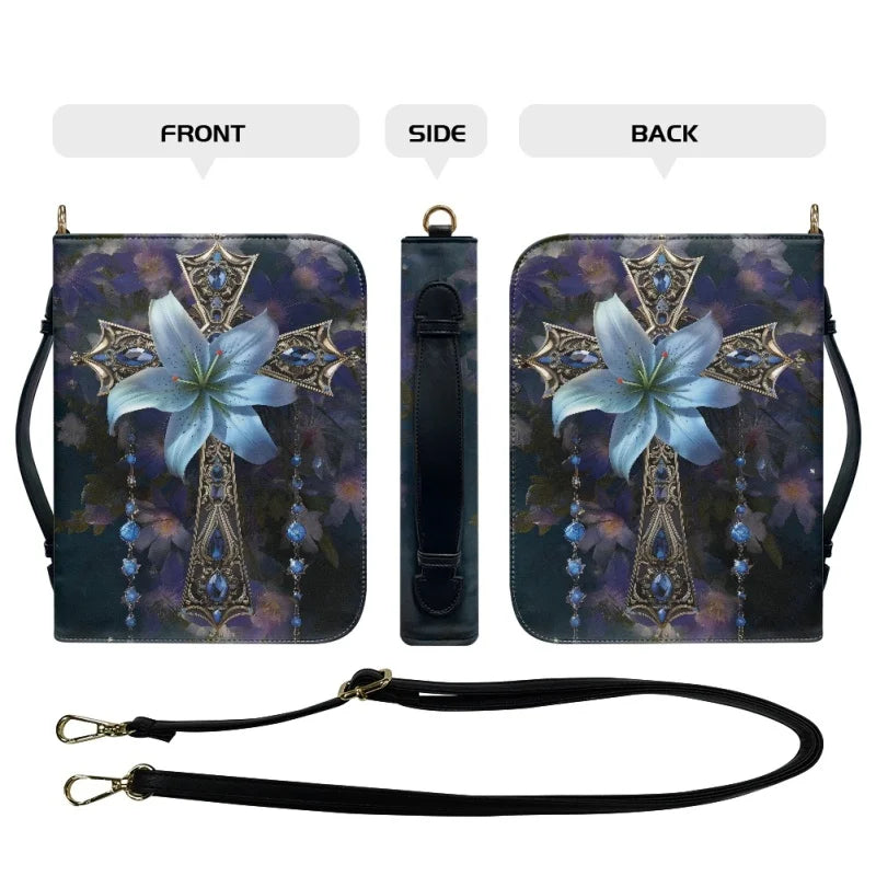 Blue Flower Cross Bible Cover Case for Women