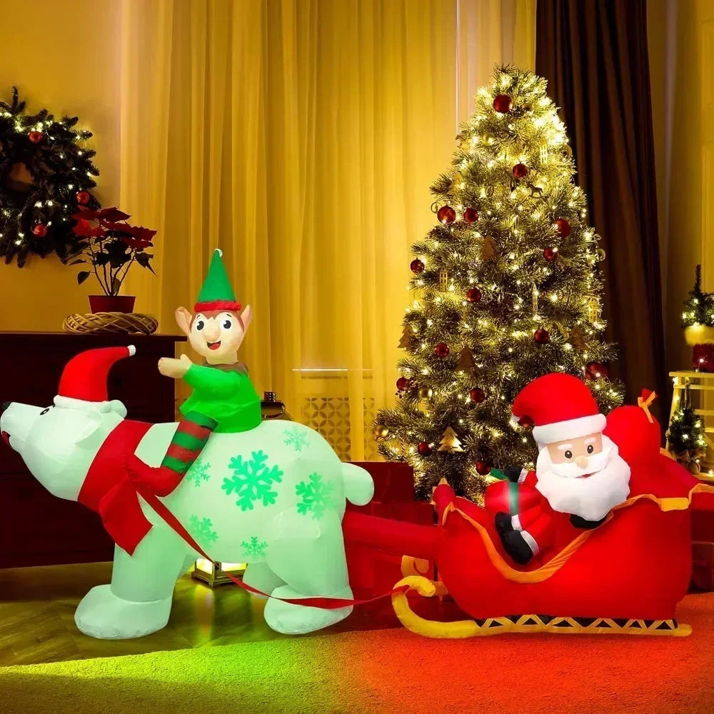 9.5-Foot Inflatable Polar Bear with Elf Pulling Santa’s Sleigh