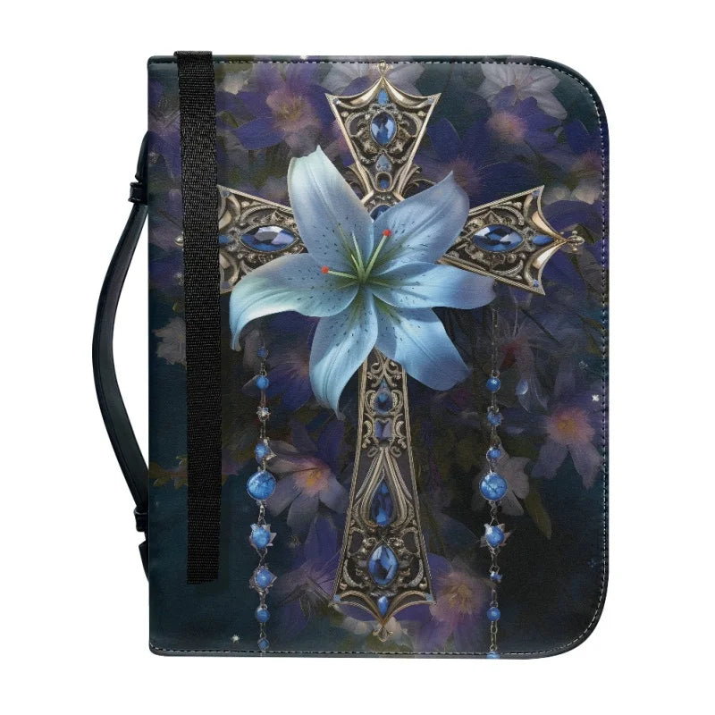Blue Flower Cross Bible Cover Case for Women