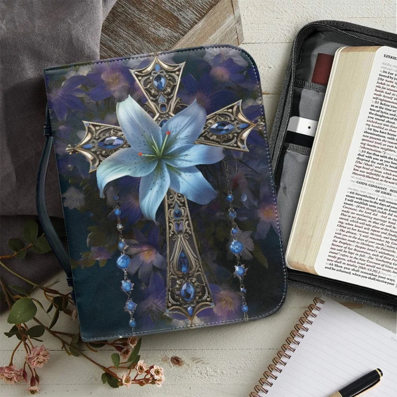 Blue Flower Cross Bible Cover Case for Women