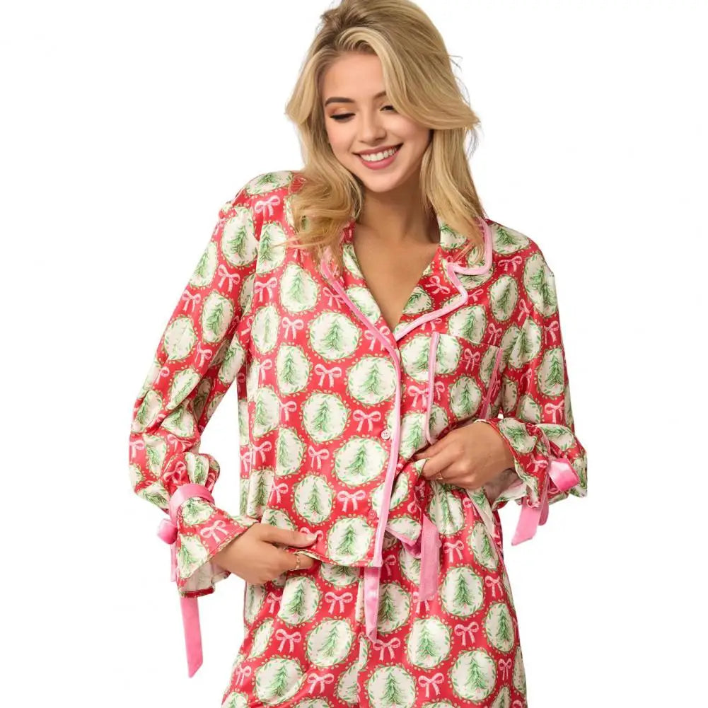 Festive Christmas Print Pajamas Set with Satin Cardigan Top Wide Leg Pants