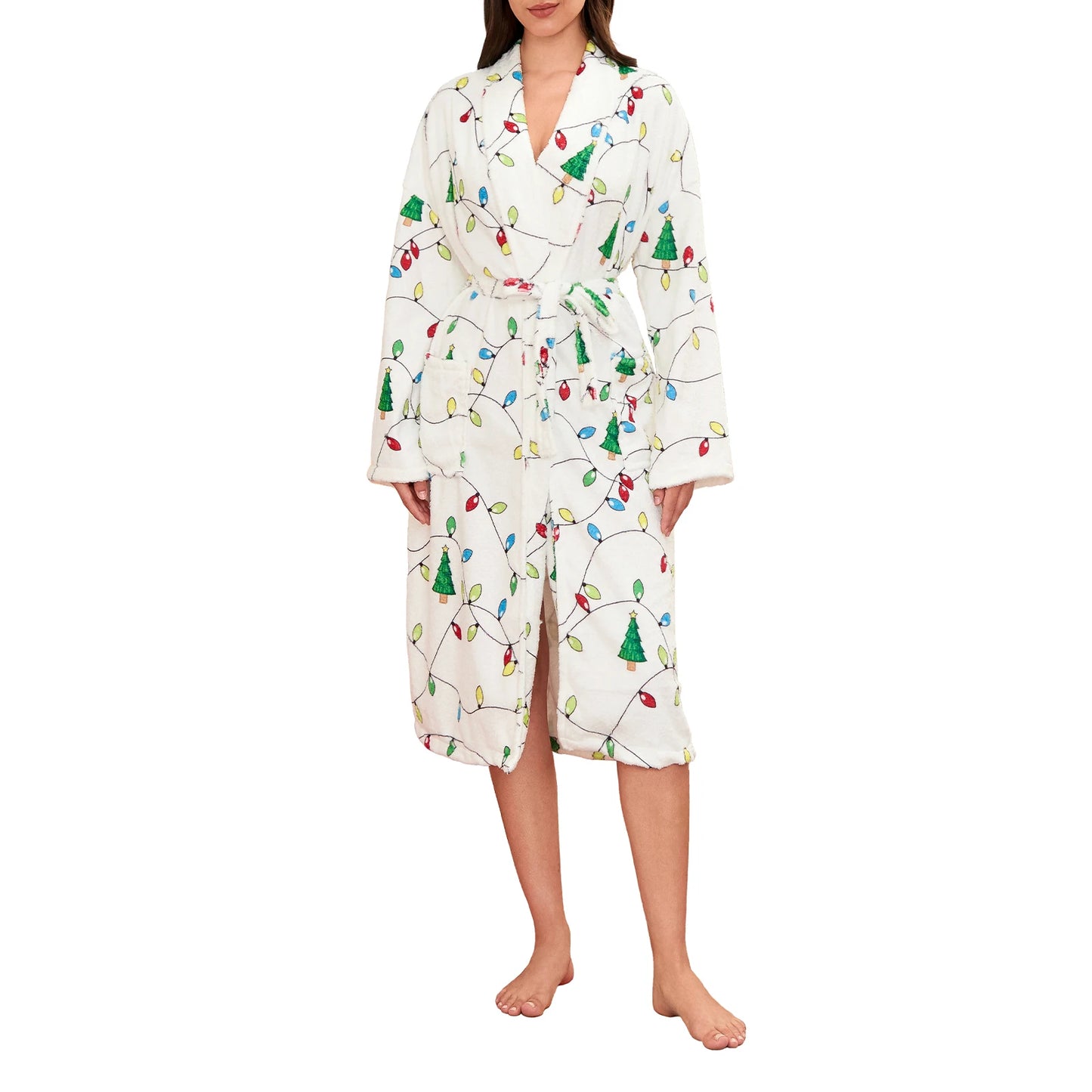 Women s Fleece Christmas V Neck Long Sleeve Kimono Robe with Belt Pockets Warm Pajamas