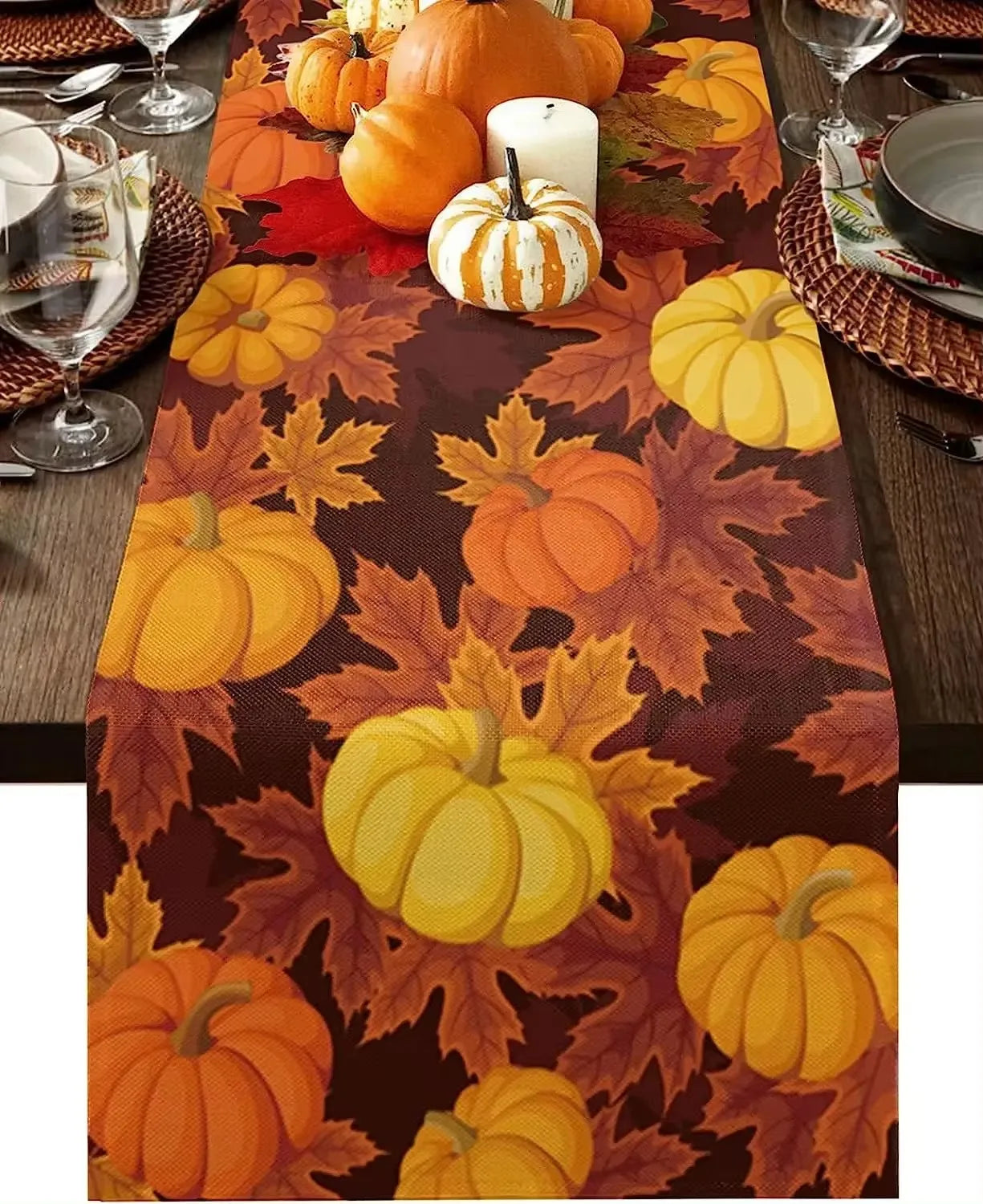 Autumn Maple Leaves Pumpkin Linen Table Runner