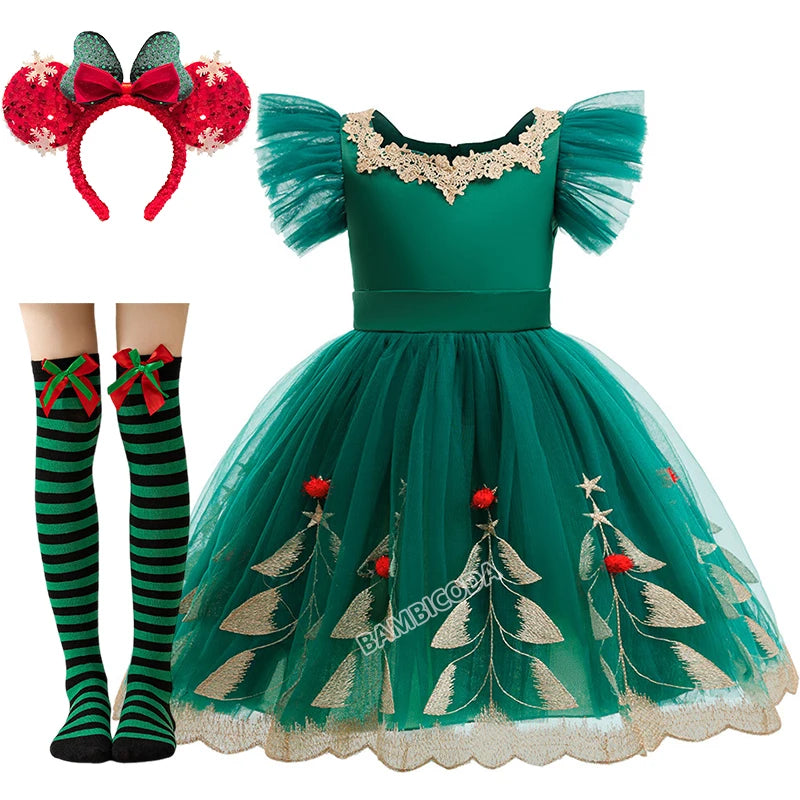 Green Christmas Tree Dress For Girls