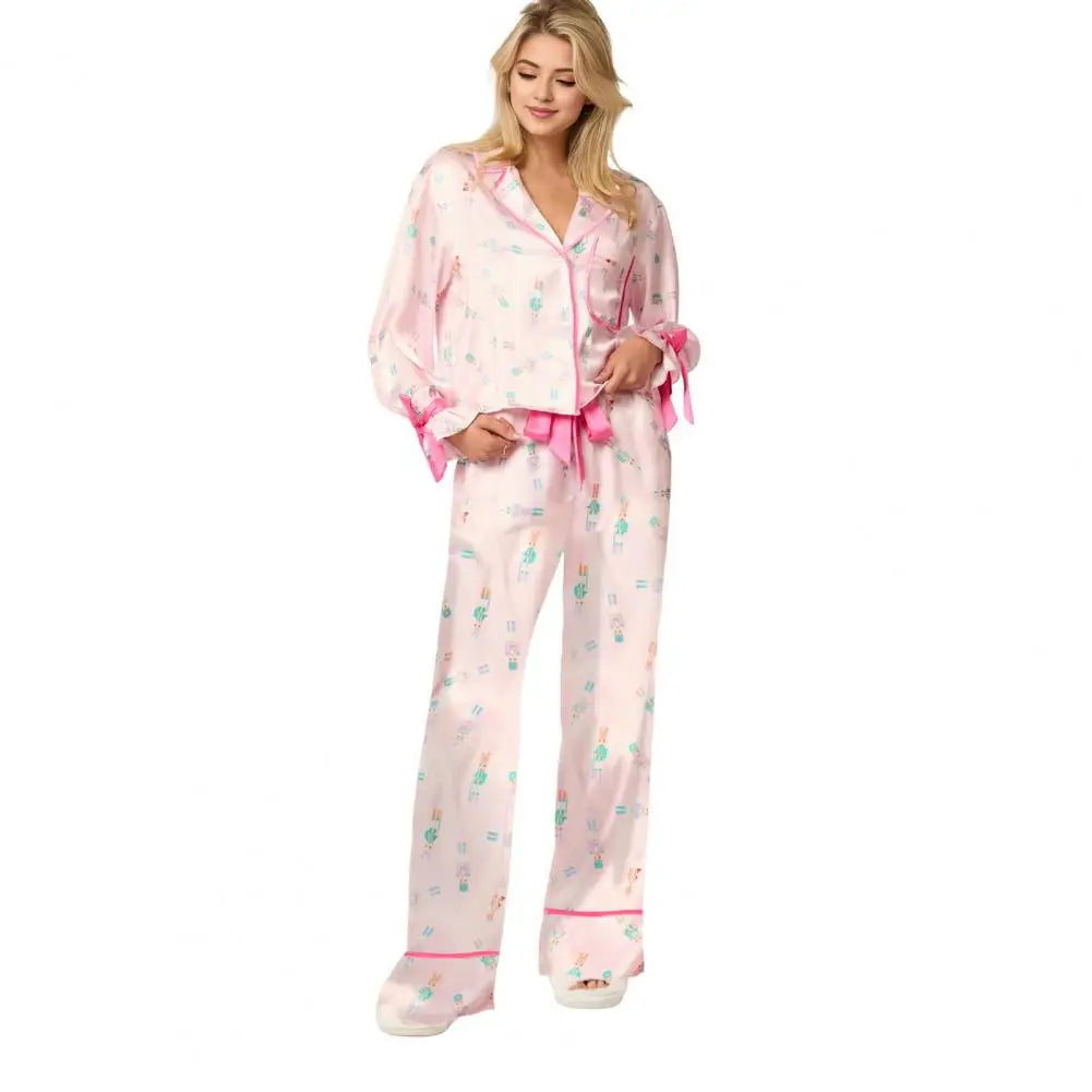 Festive Christmas Print Pajamas Set with Satin Cardigan Top Wide Leg Pants