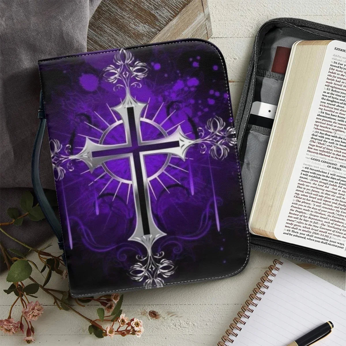 Christian Cross Print Bible Case With Pocket