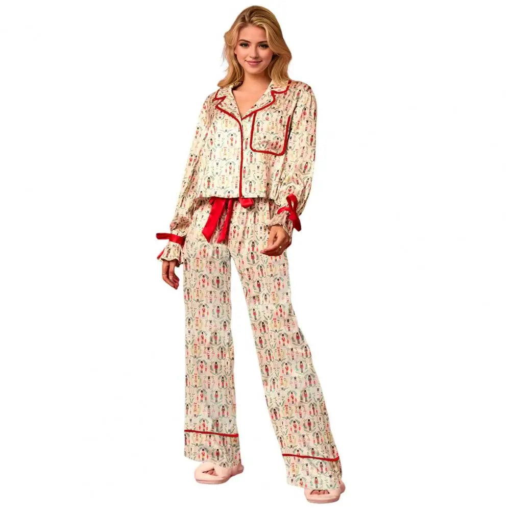 Festive Christmas Print Pajamas Set with Satin Cardigan Top Wide Leg Pants