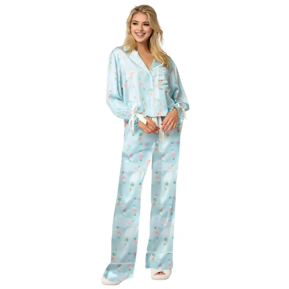 Festive Christmas Print Pajamas Set with Satin Cardigan Top Wide Leg Pants