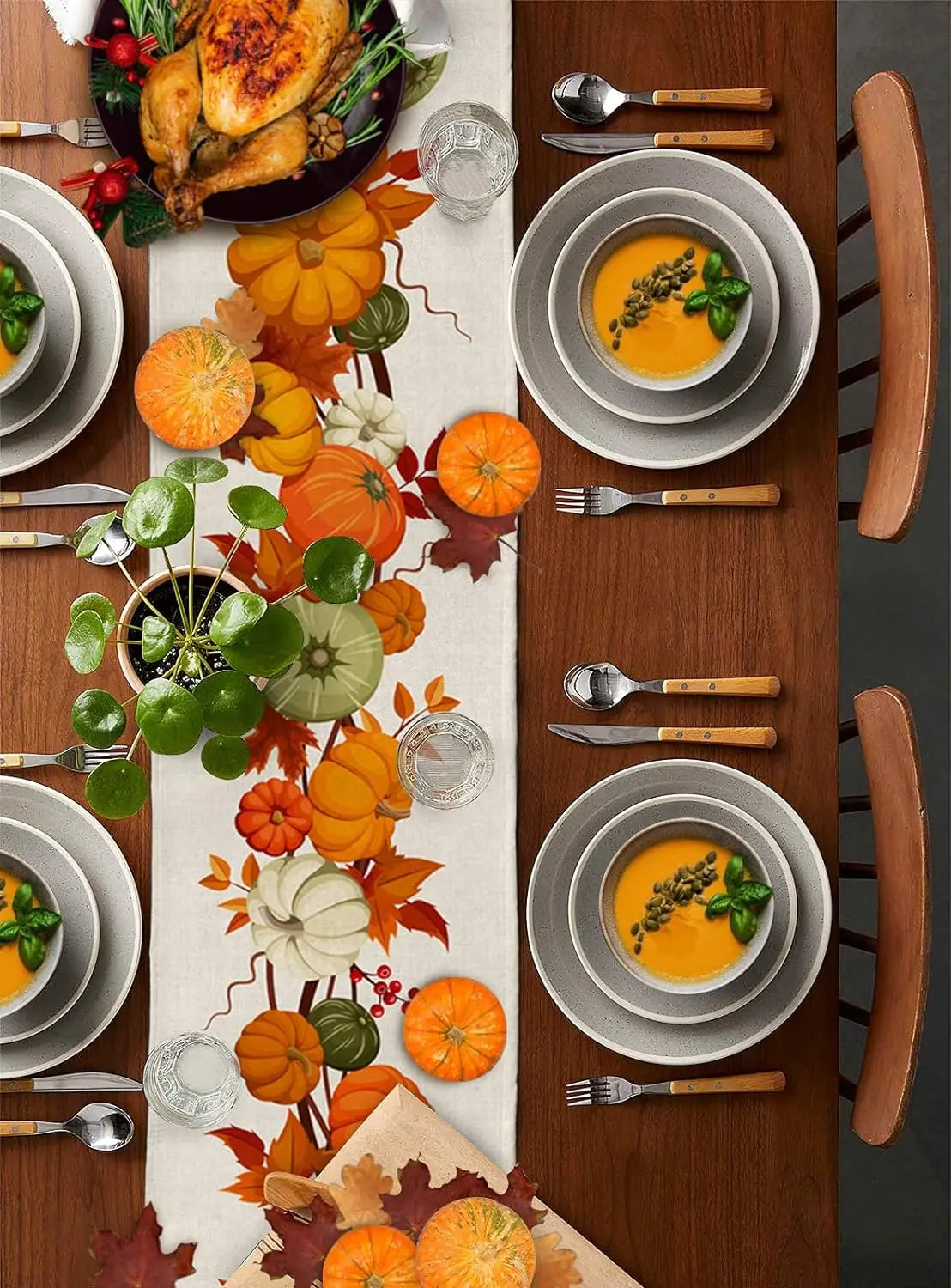 Autumn Maple Leaves Pumpkin Linen Table Runner
