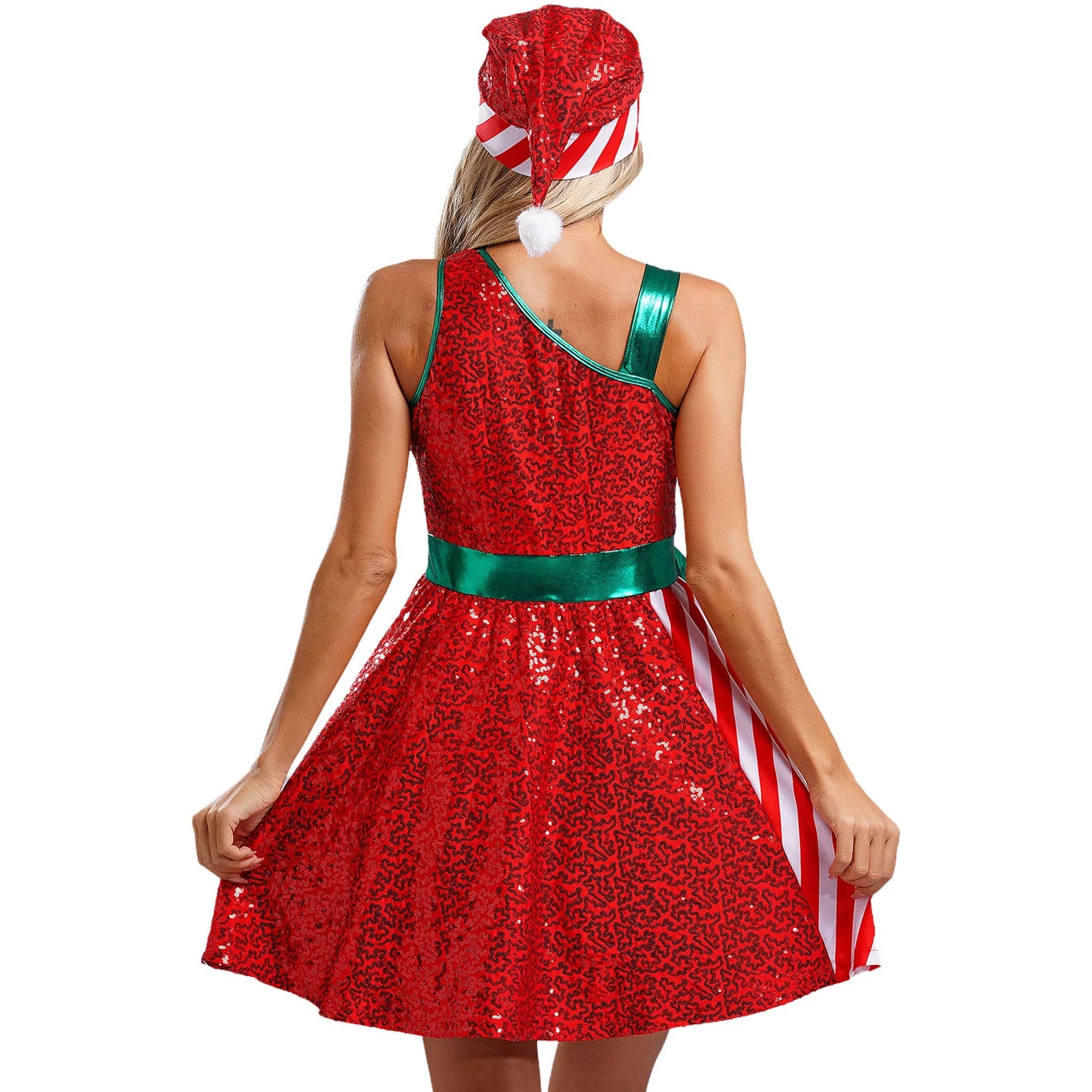 Sleeveless Sequin Stripes Bow Dress with Santa Hat